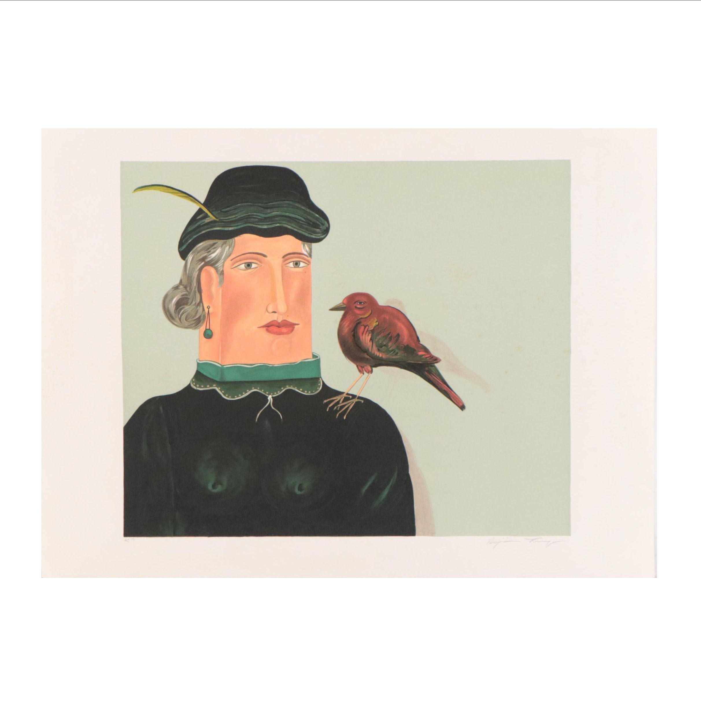 Benjamin Levy Color Lithograph of Figure and Bird