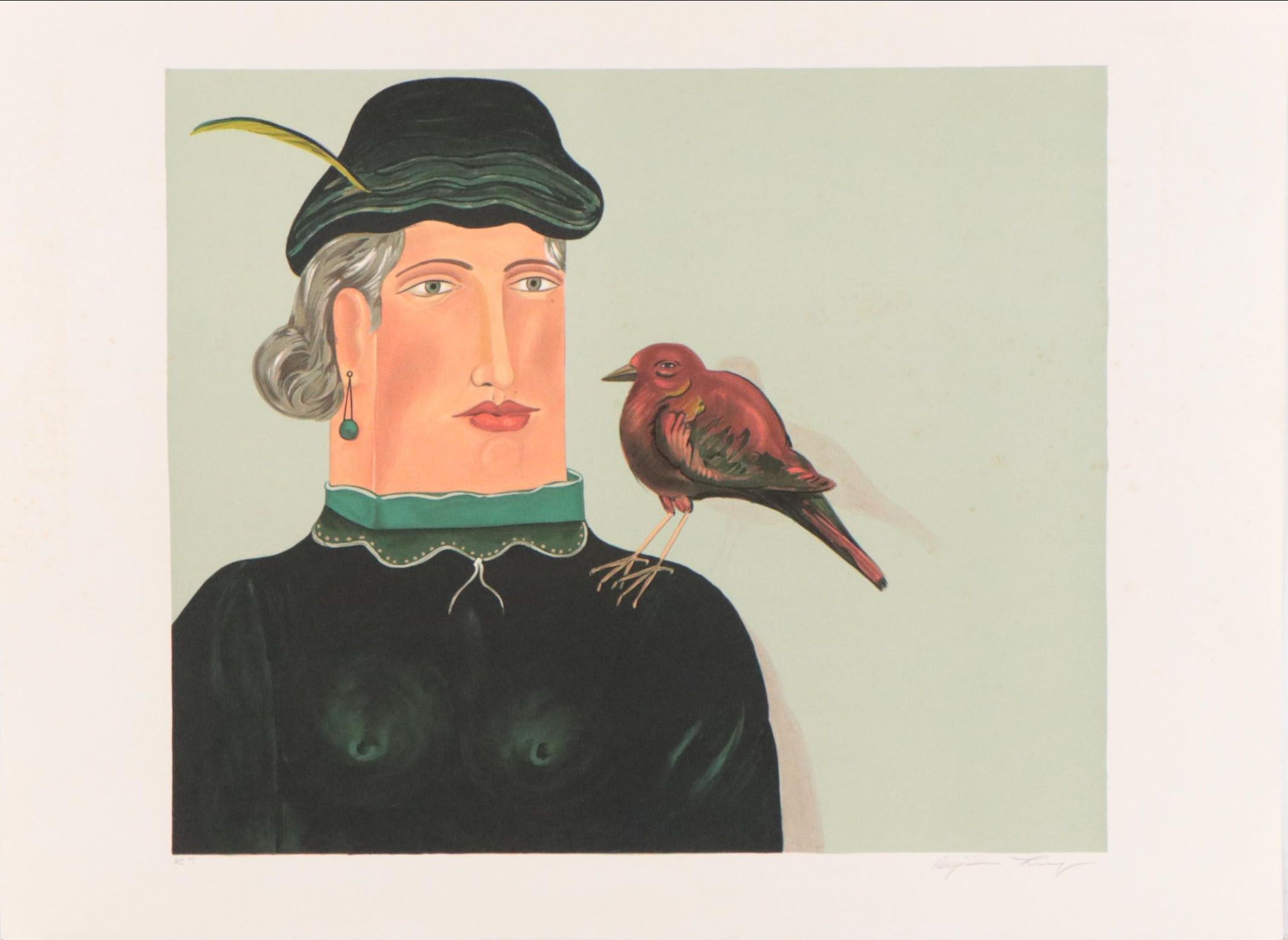 Benjamin Levy Color Lithograph of Figure and Bird