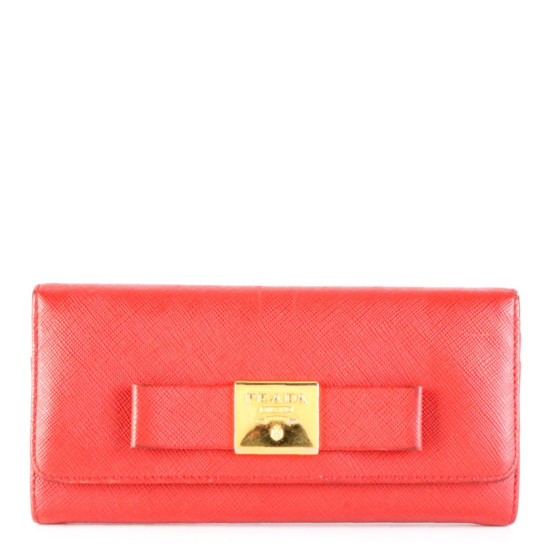 Prada  Continental Bow Wallet in Rosso Saffiano Leather with Box