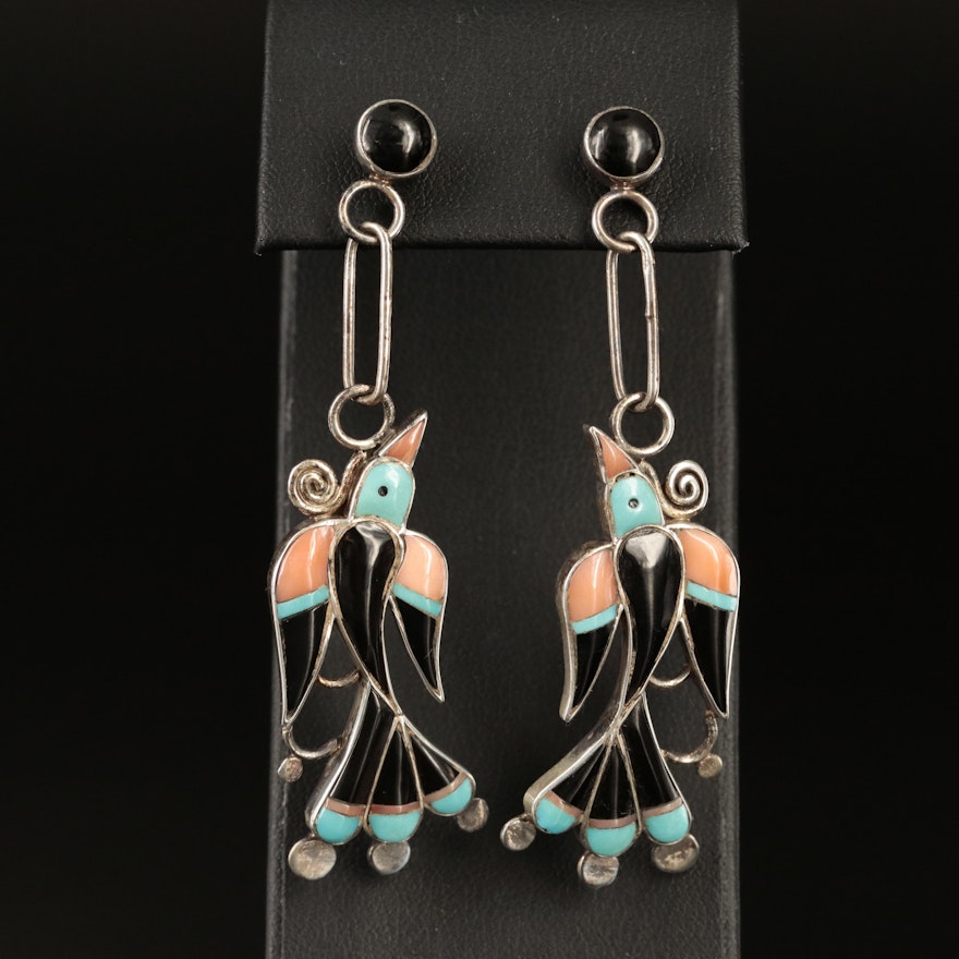 G. Juan Sterling Turquoise and Enamel Inlay Bird Earrings