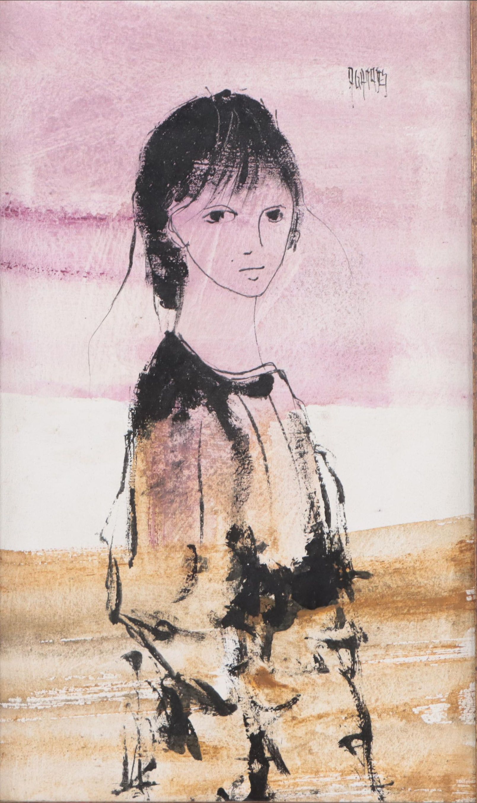 Oguisse Portrait Acrylic Painting of a Young Girl, Circa 1970