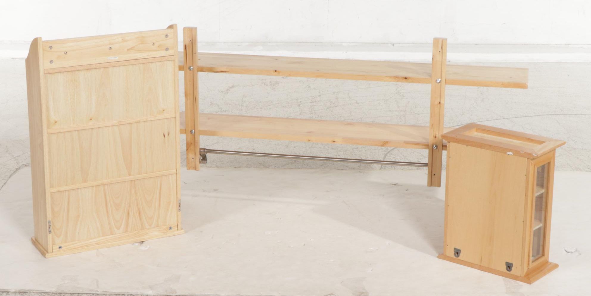 Contemporary Pine Wood Hanging Shelves and Cabinet