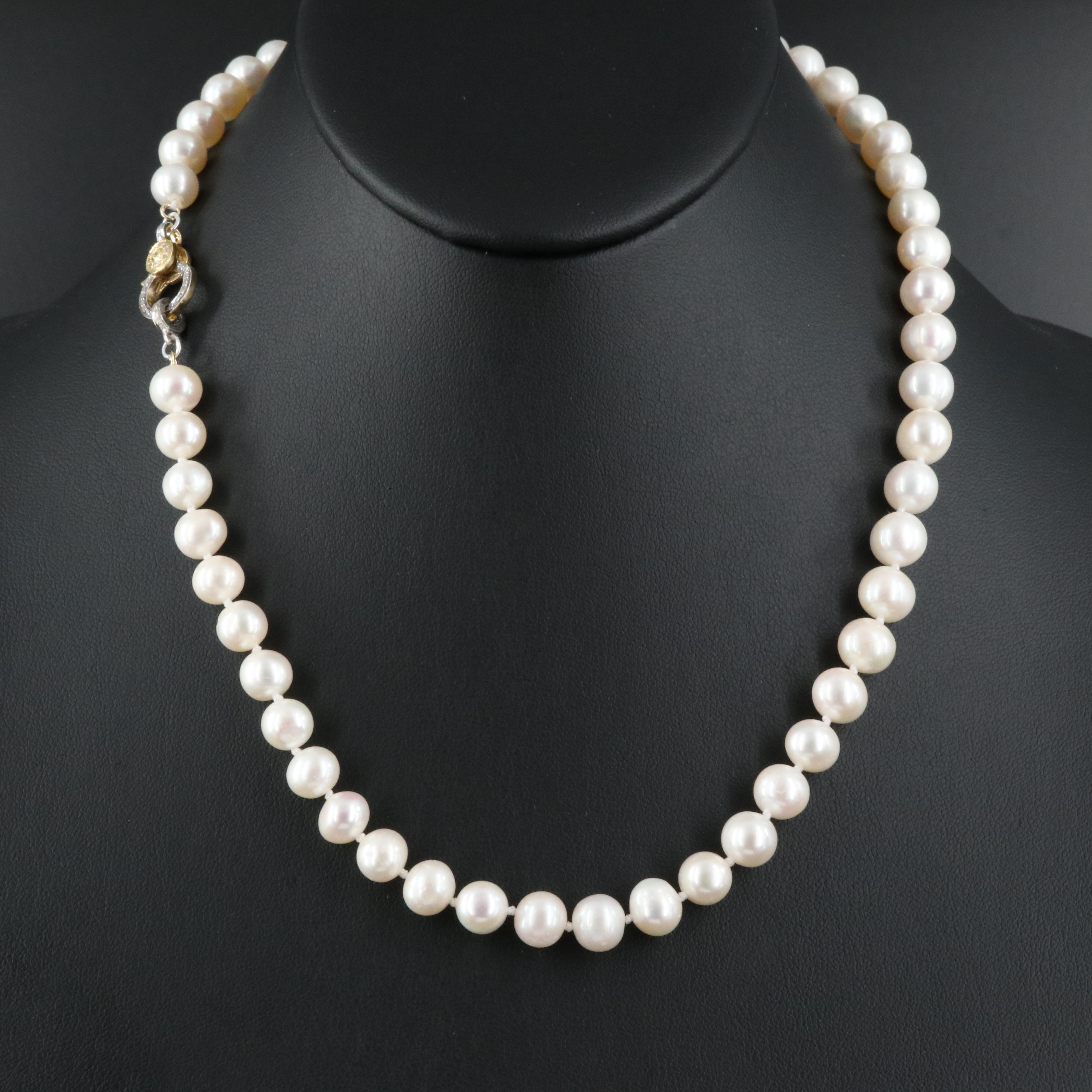 Pearl Necklace with Sterling Diamond Clasp