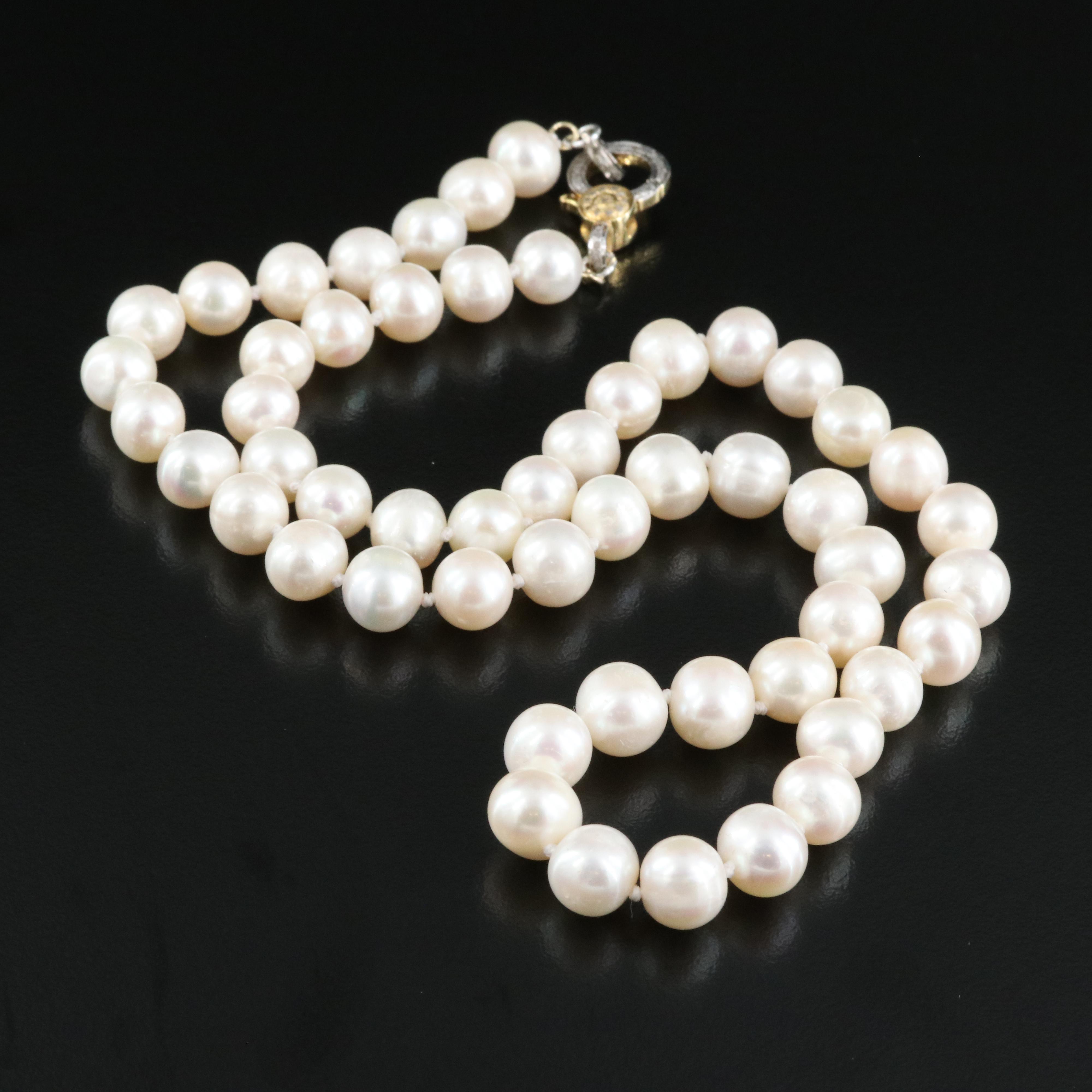 Pearl Necklace with Sterling Diamond Clasp