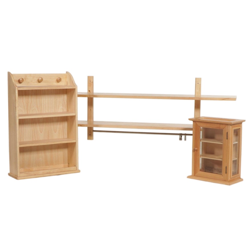 Contemporary Pine Wood Hanging Shelves and Cabinet
