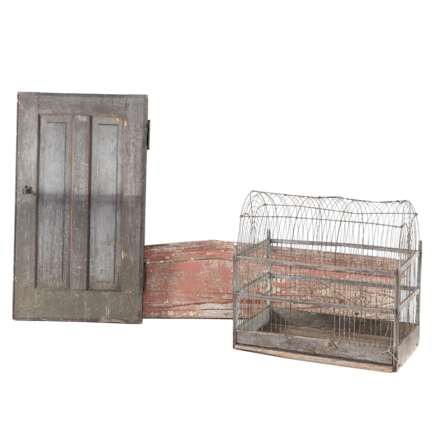 Enameled Metal Birdcage, Cabinet Door and Door Header, Early to Mid-20th Century
