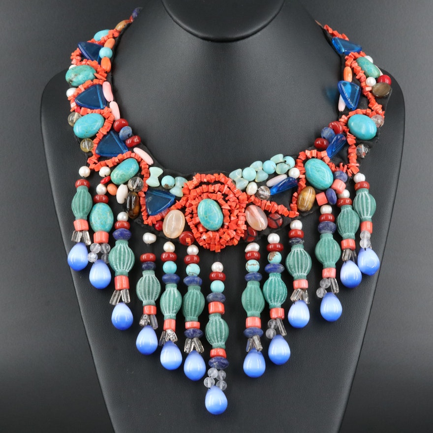 Bib Necklace Including Agate, Coral and Faux Coral