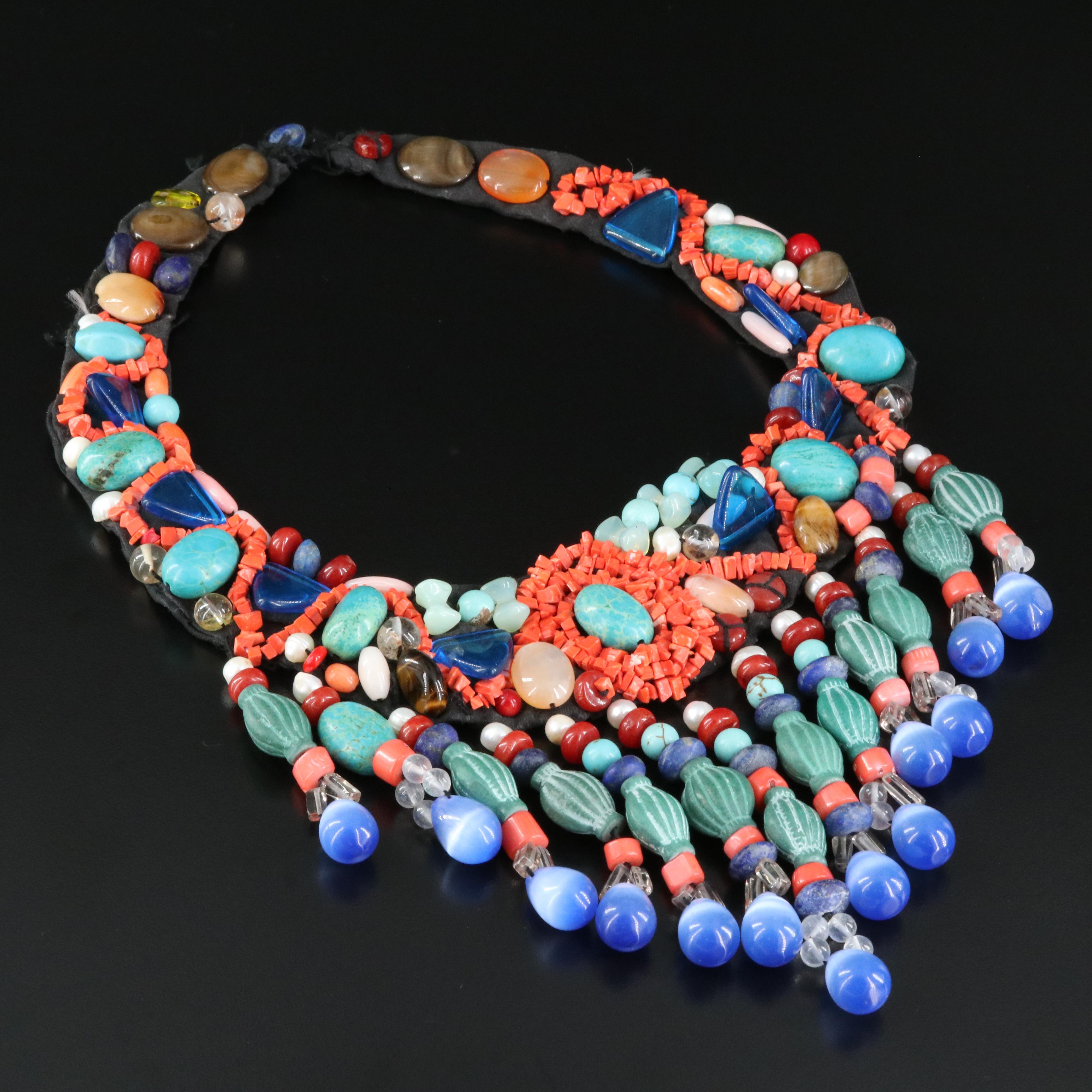 Bib Necklace Including Agate, Coral and Faux Coral