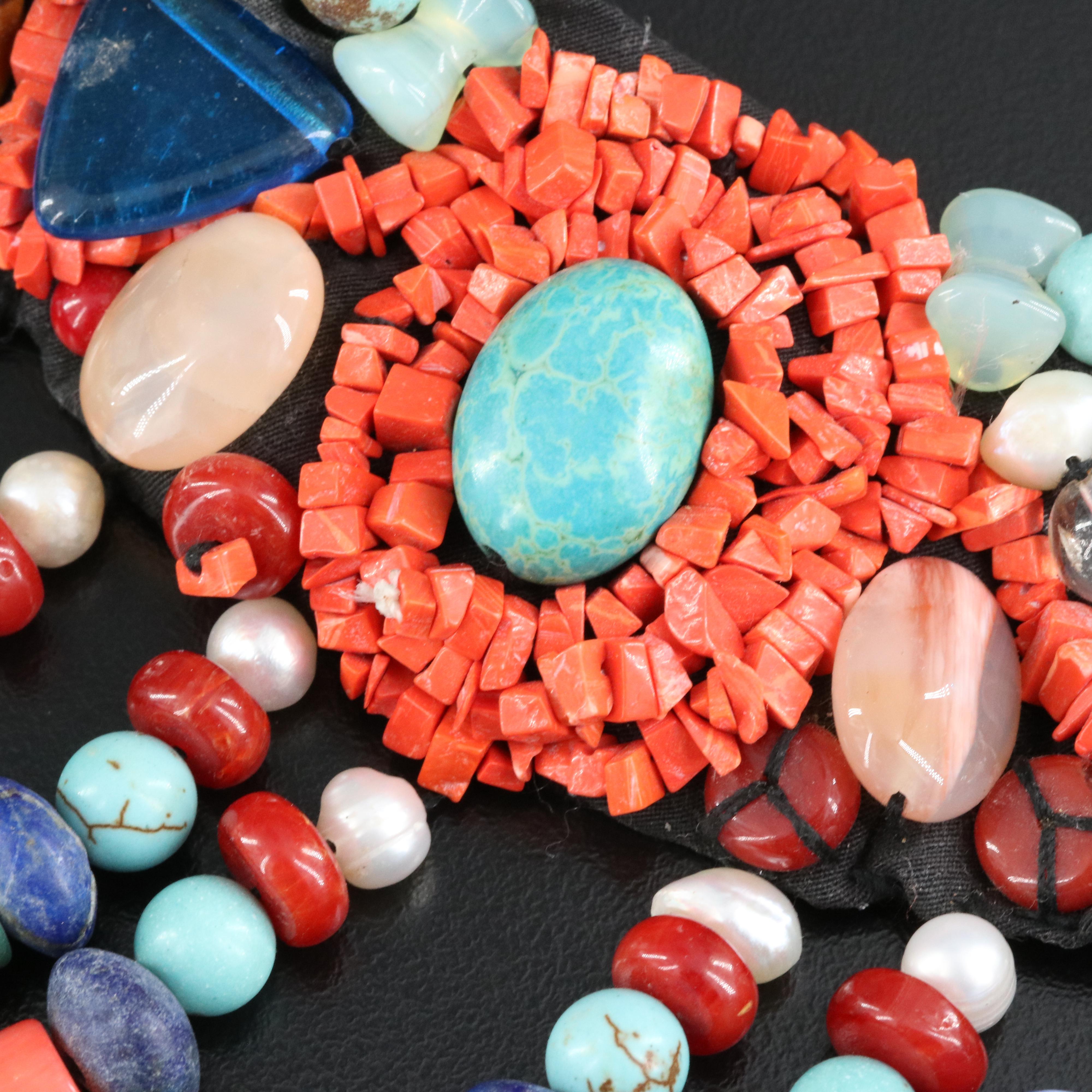 Bib Necklace Including Agate, Coral and Faux Coral