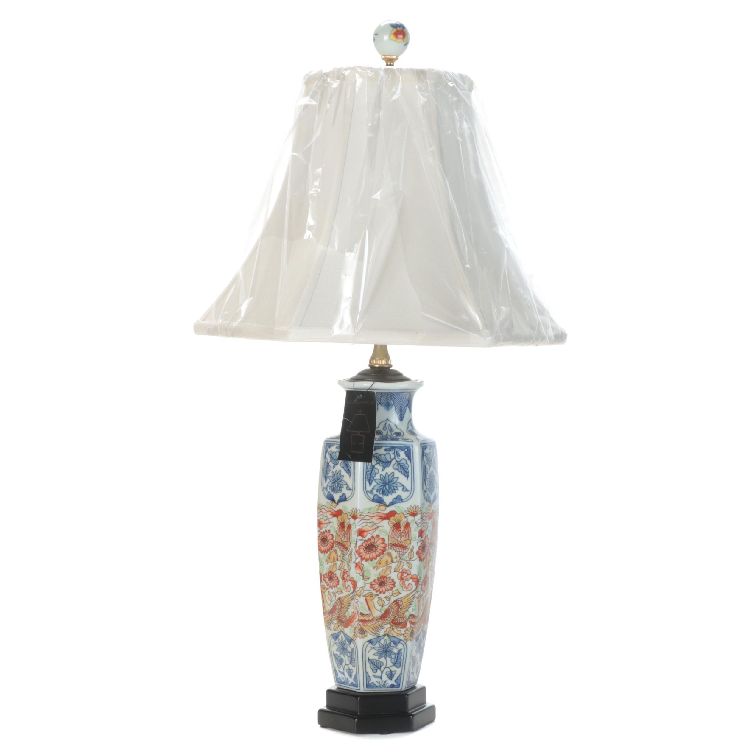 Chinese Phoenix Motif Porcelain Hexagonal Vase Table Lamp, Late 20th Century