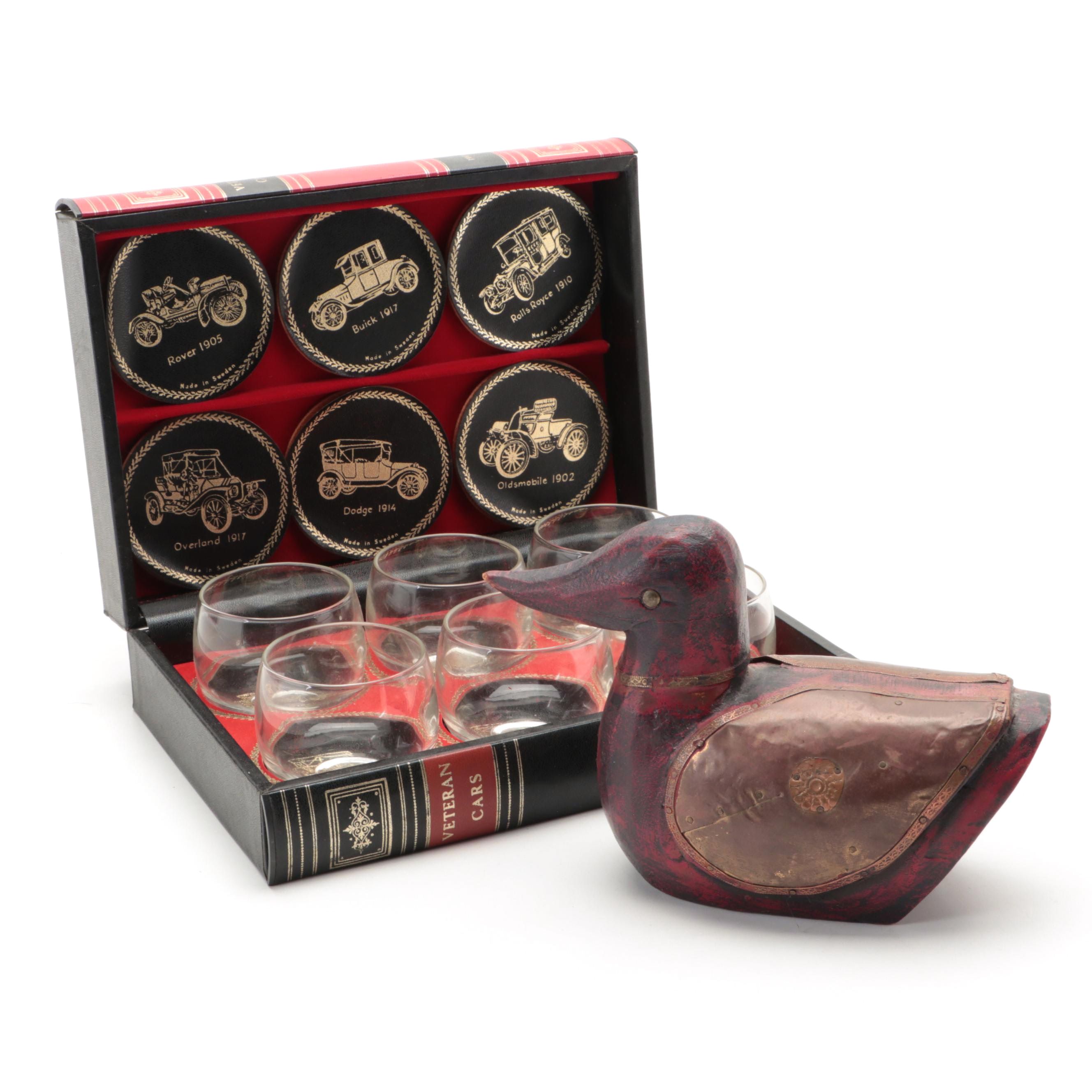 Swank Vintage Cars Liquor Glasses and Coaster Set with Indian Wooden Duck