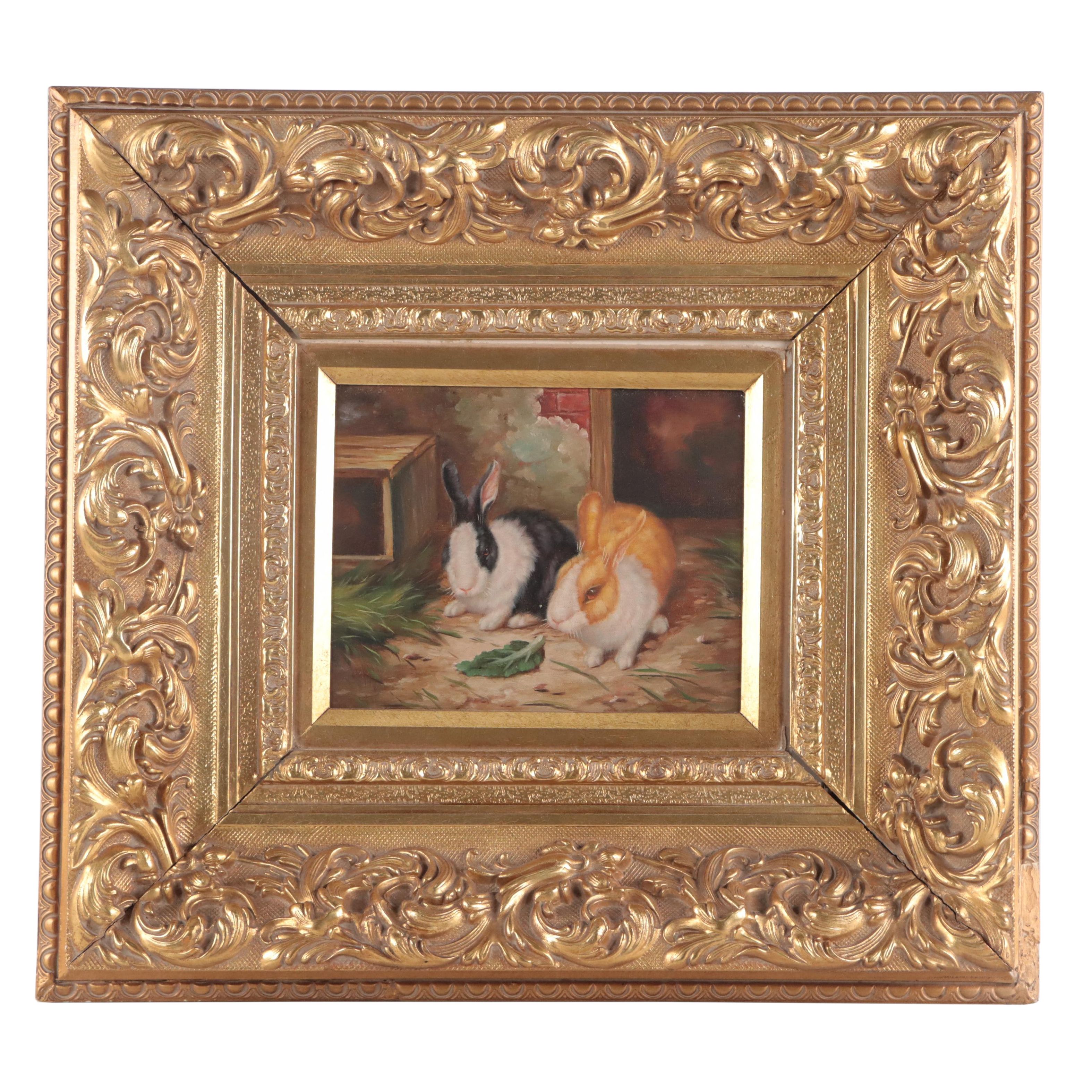 English Style Oil Painting of Bunnies