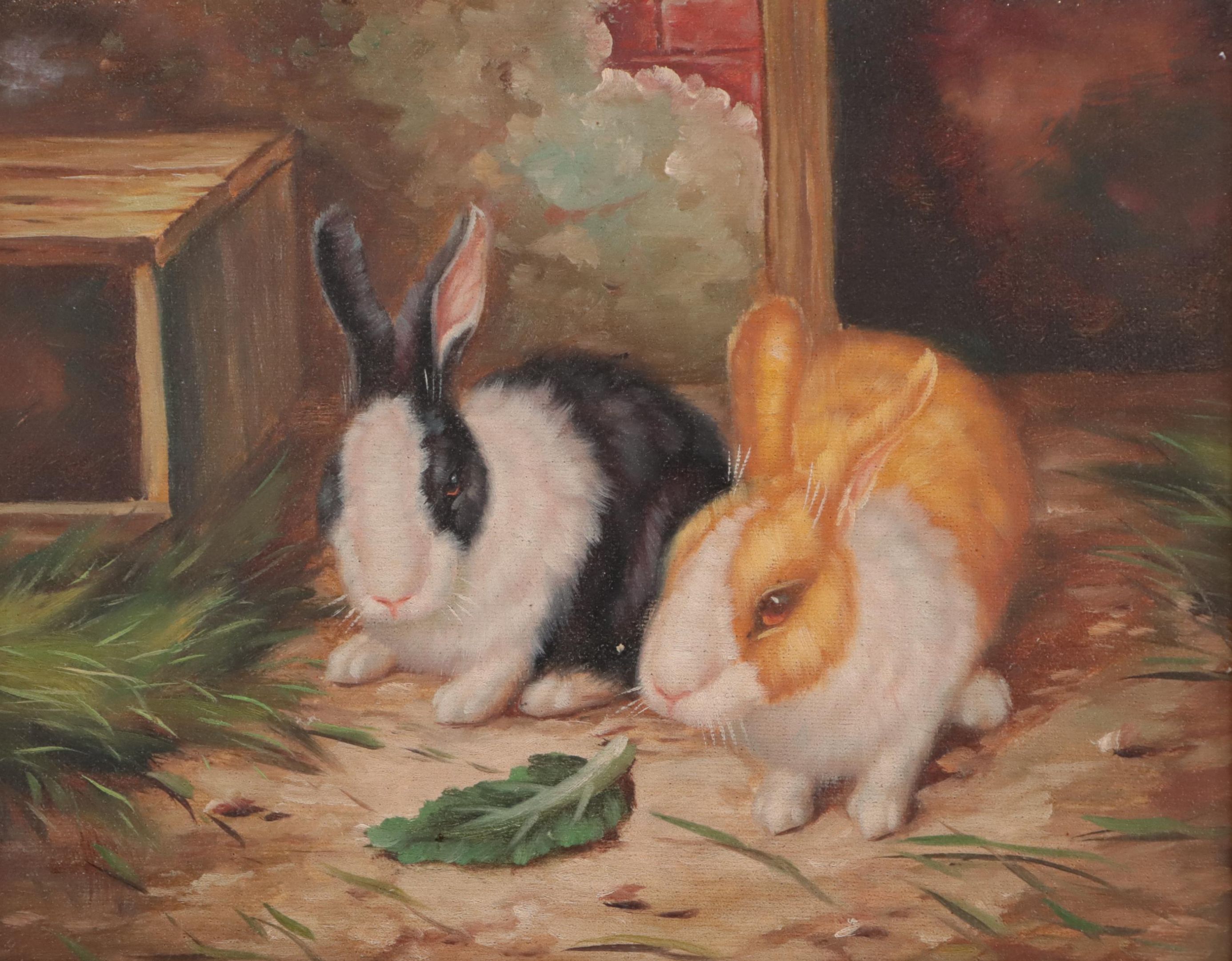 English Style Oil Painting of Bunnies