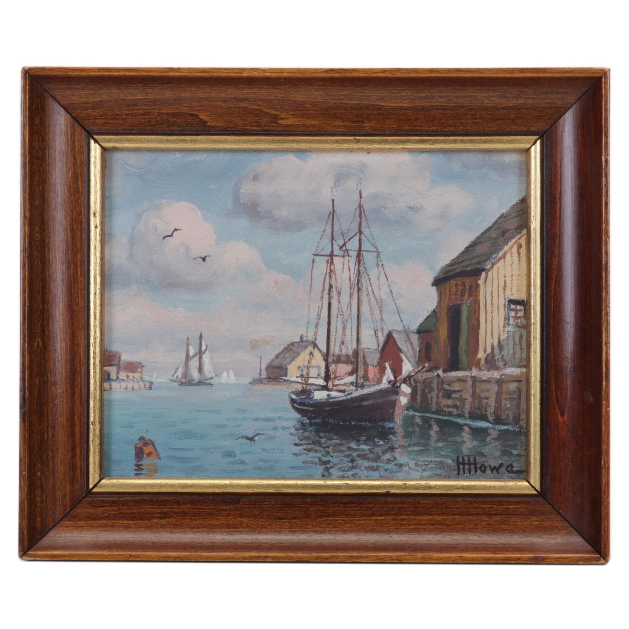 Harry Howe Maritime Oil Painting "Wharf at Gloucester, Mass.," 1951