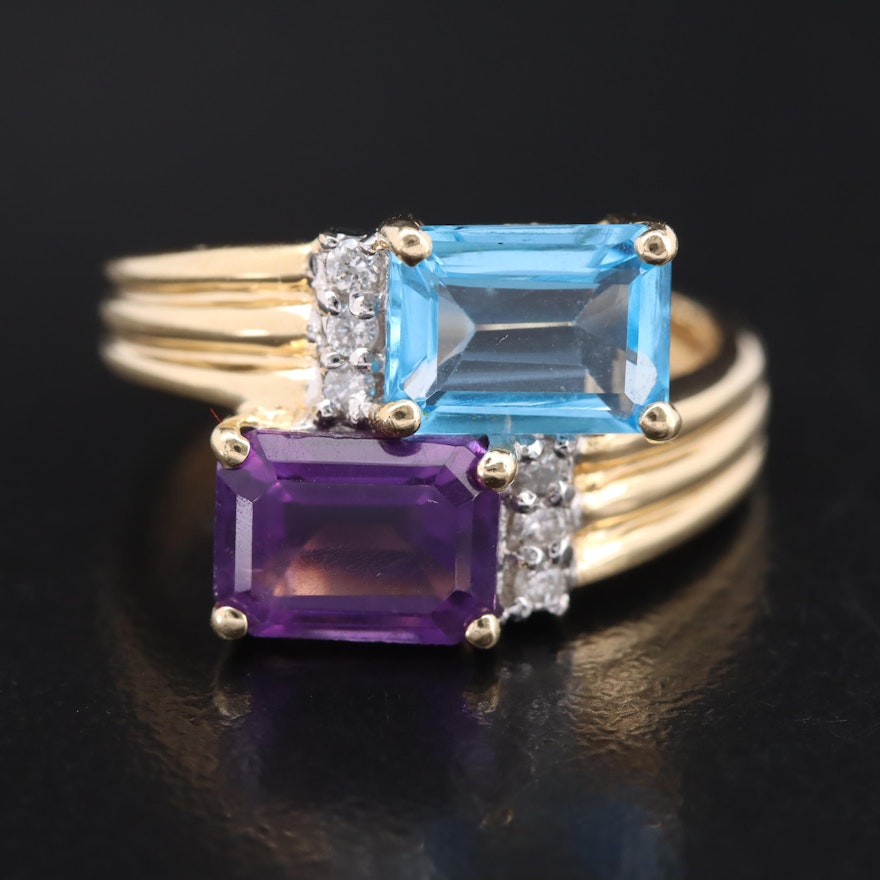 14K Amethyst, Sky Blue Topaz and Diamond Bypass Ring