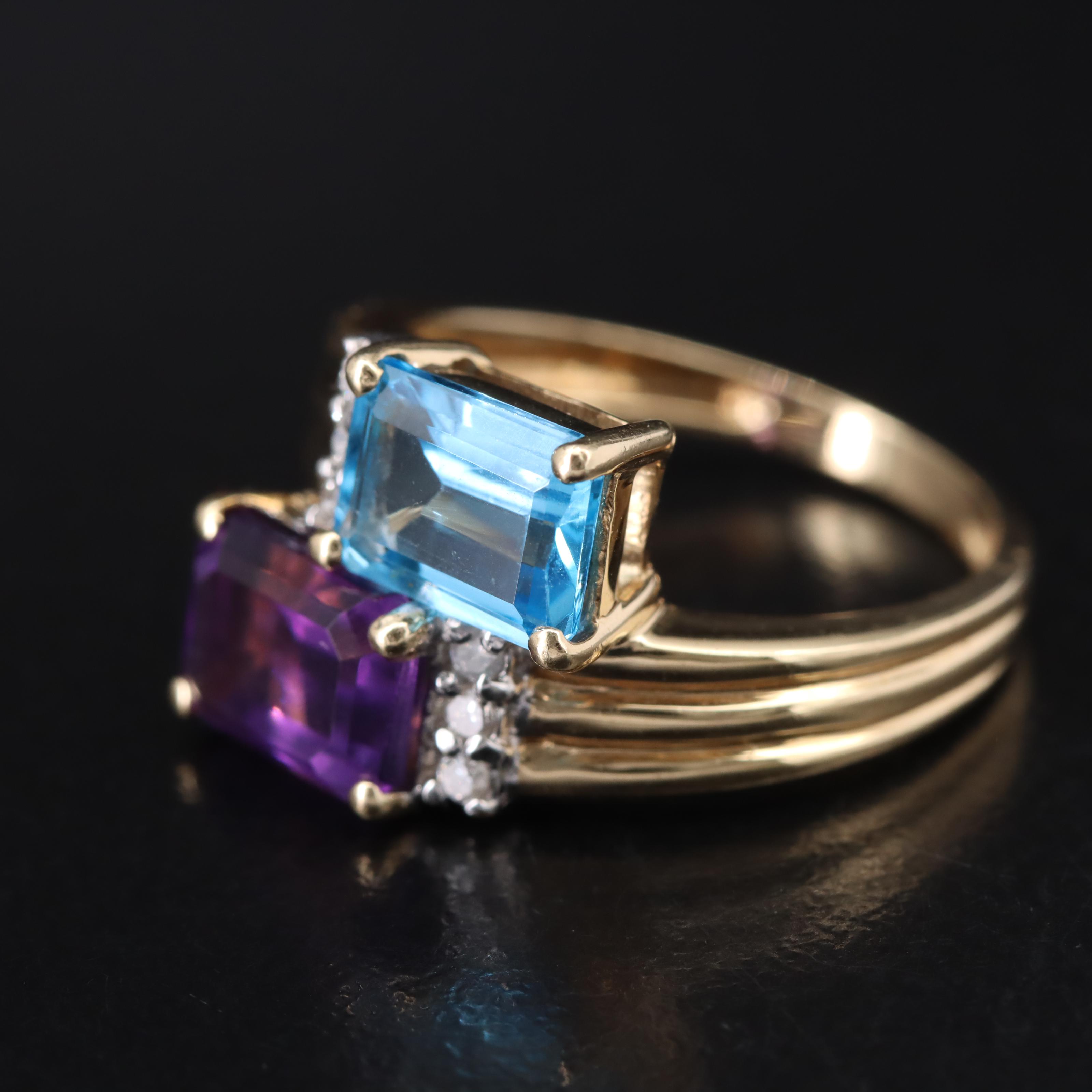 14K Amethyst, Sky Blue Topaz and Diamond Bypass Ring