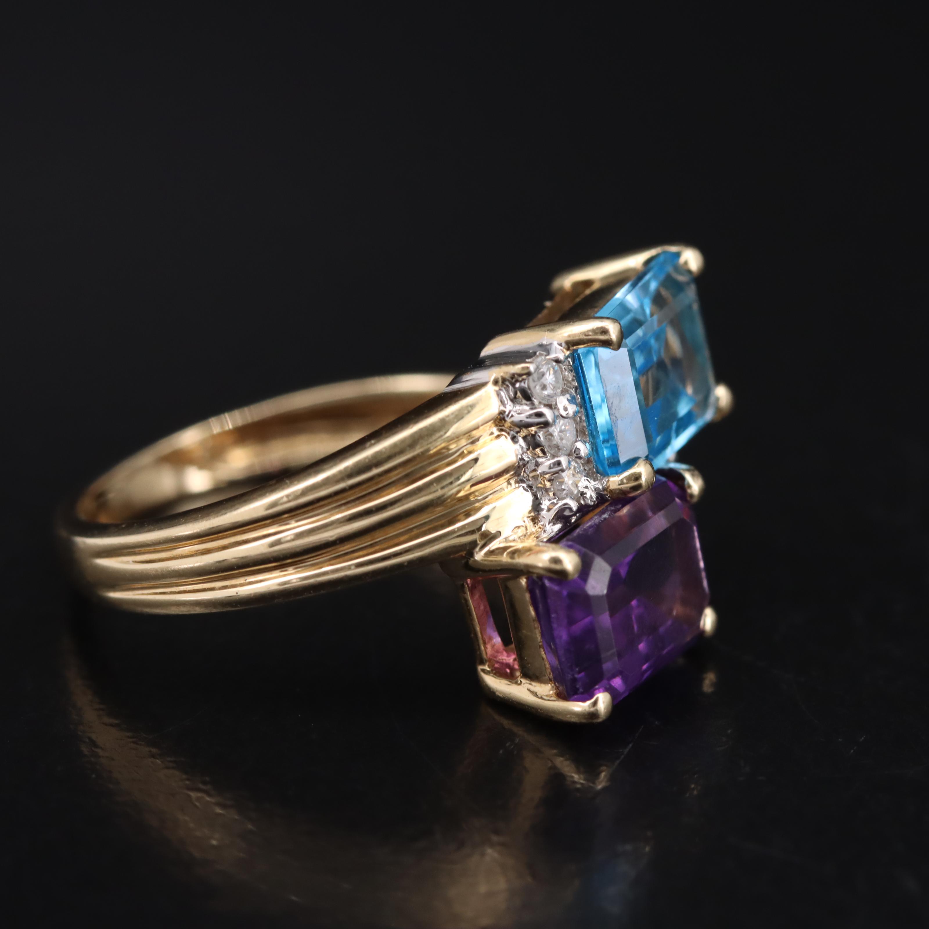 14K Amethyst, Sky Blue Topaz and Diamond Bypass Ring