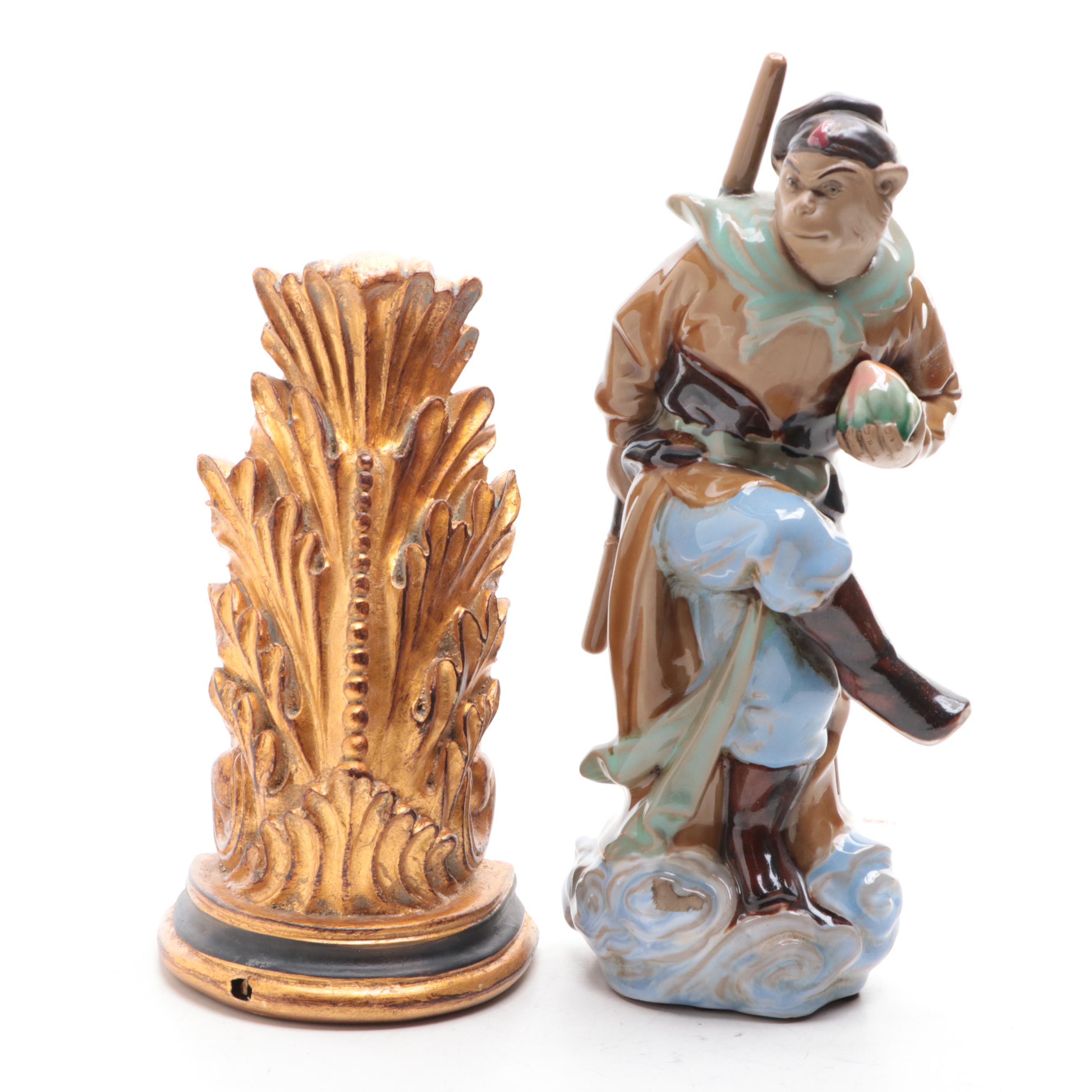 Chinese Shiwan Sun Wukong Figurine with Gilt Plaster Acanthus Wall Shelf