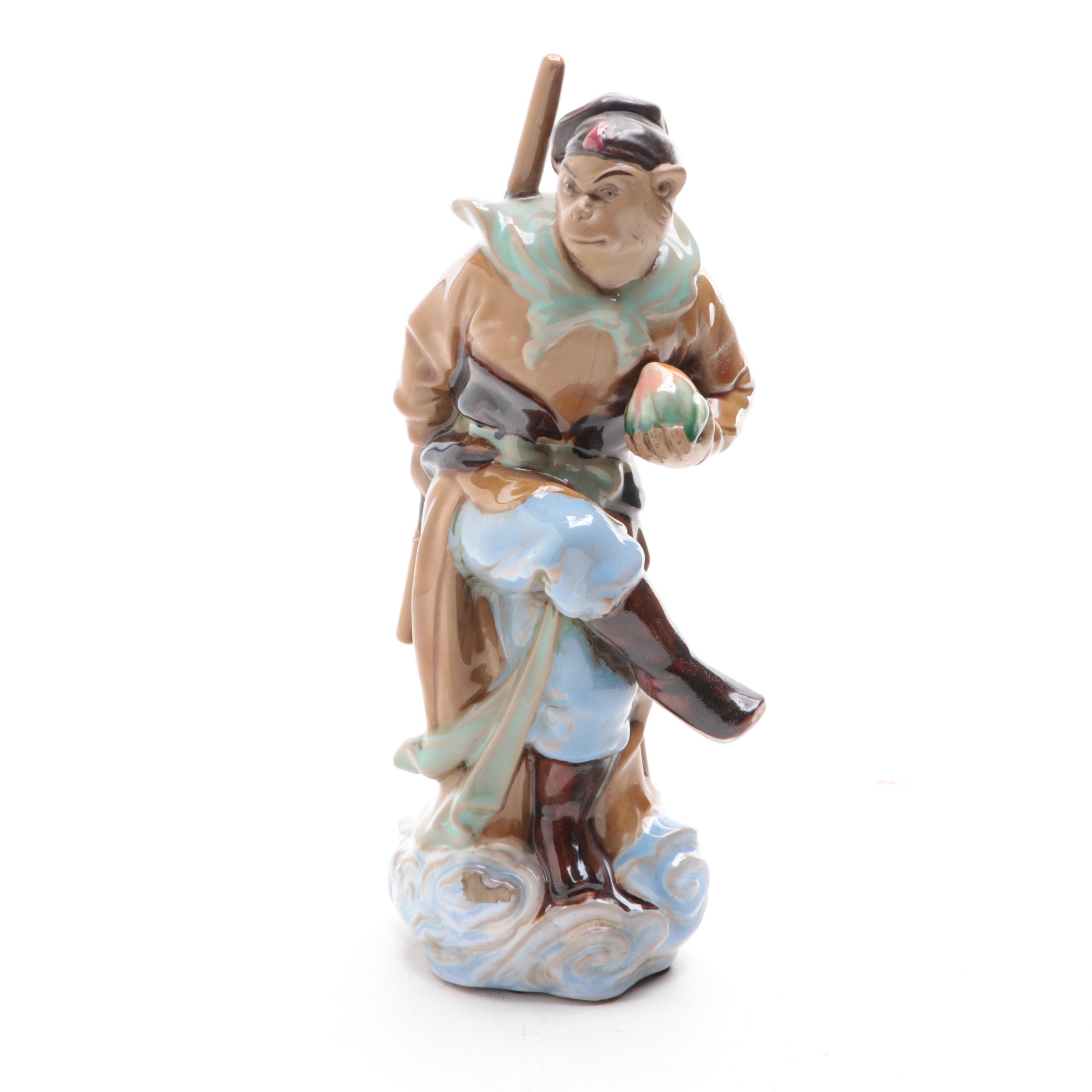 Chinese Shiwan Sun Wukong Figurine with Gilt Plaster Acanthus Wall Shelf