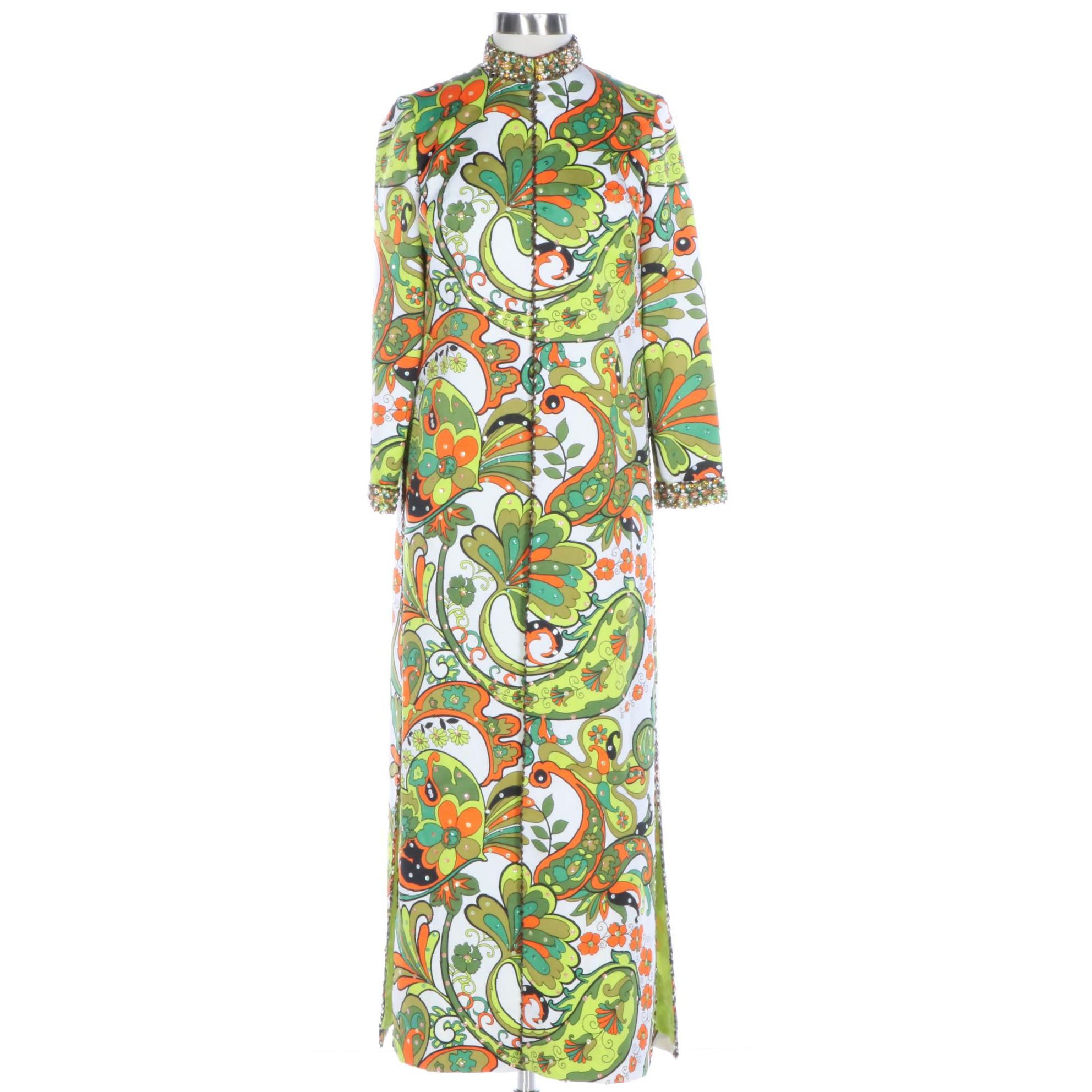 Pop Art Floral Print Embellished Duster Coat with Split Sides