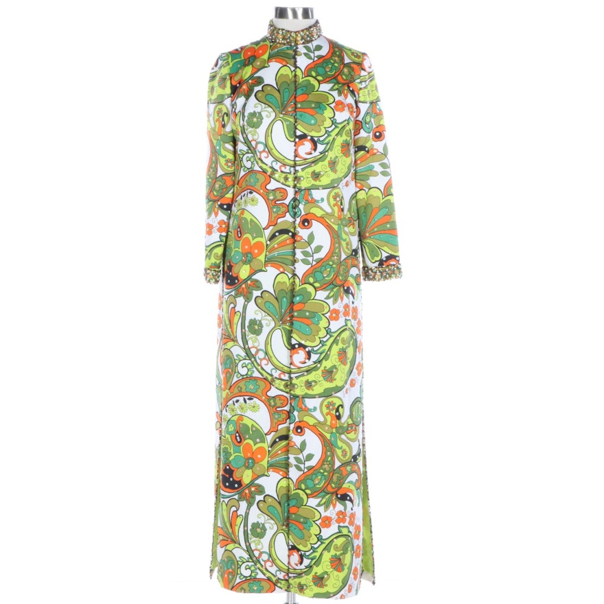 Pop Art Floral Print Embellished Duster Coat with Split Sides