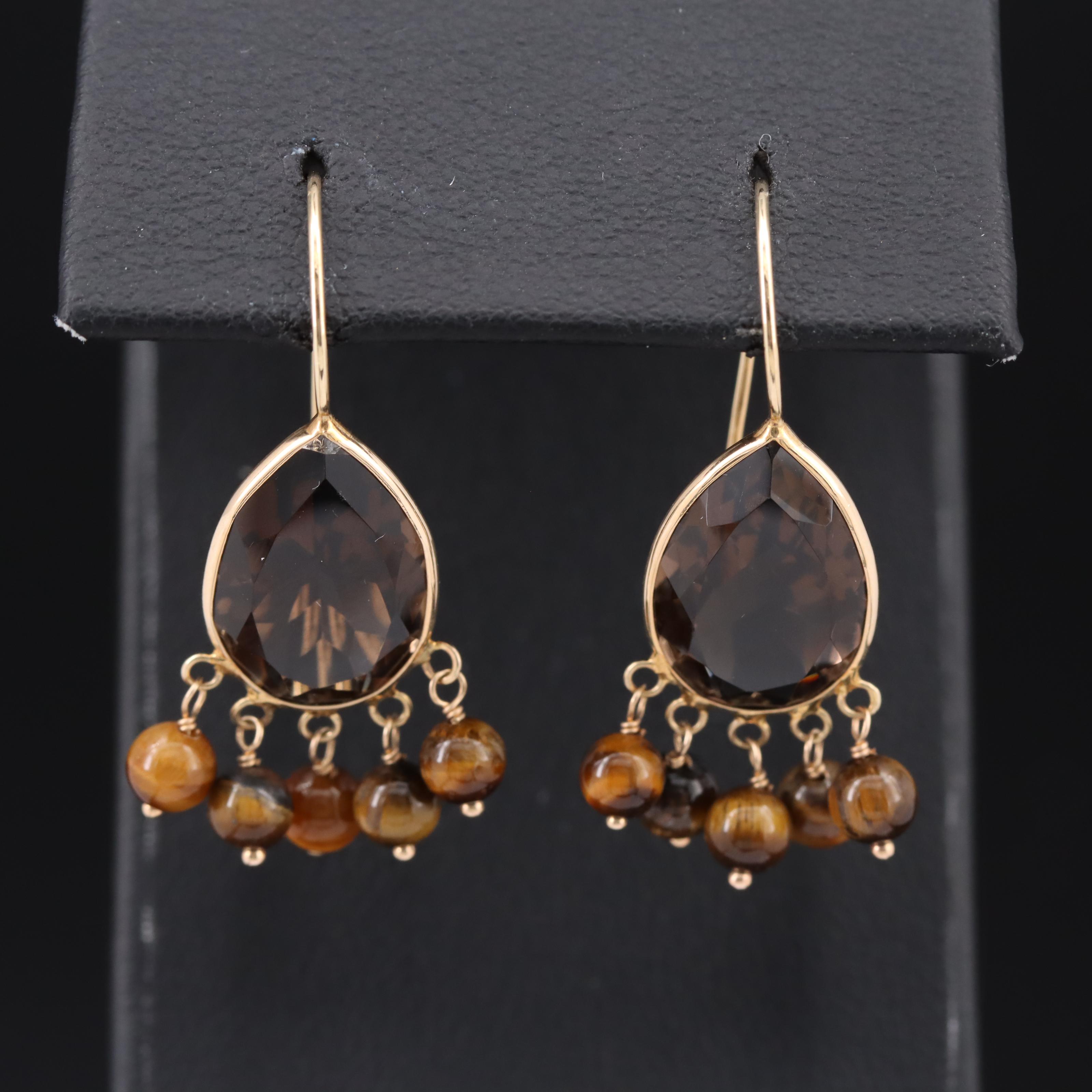 14K Smoky Quartz and Tiger's Eye Fringe Earrings