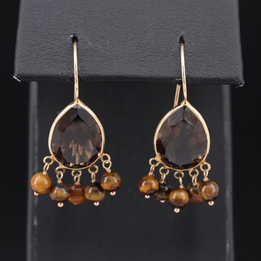 14K Smoky Quartz and Tiger's Eye Fringe Earrings