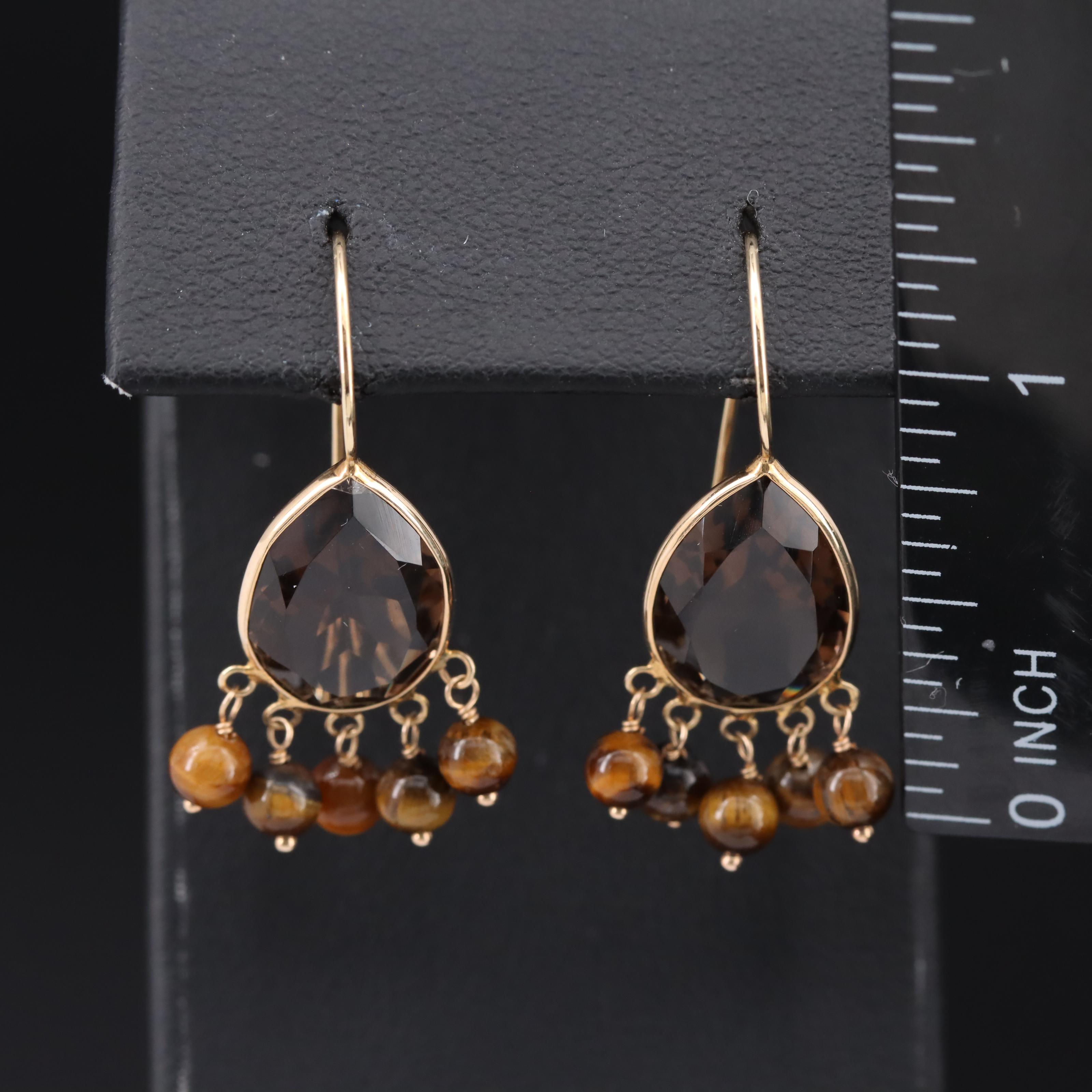 14K Smoky Quartz and Tiger's Eye Fringe Earrings