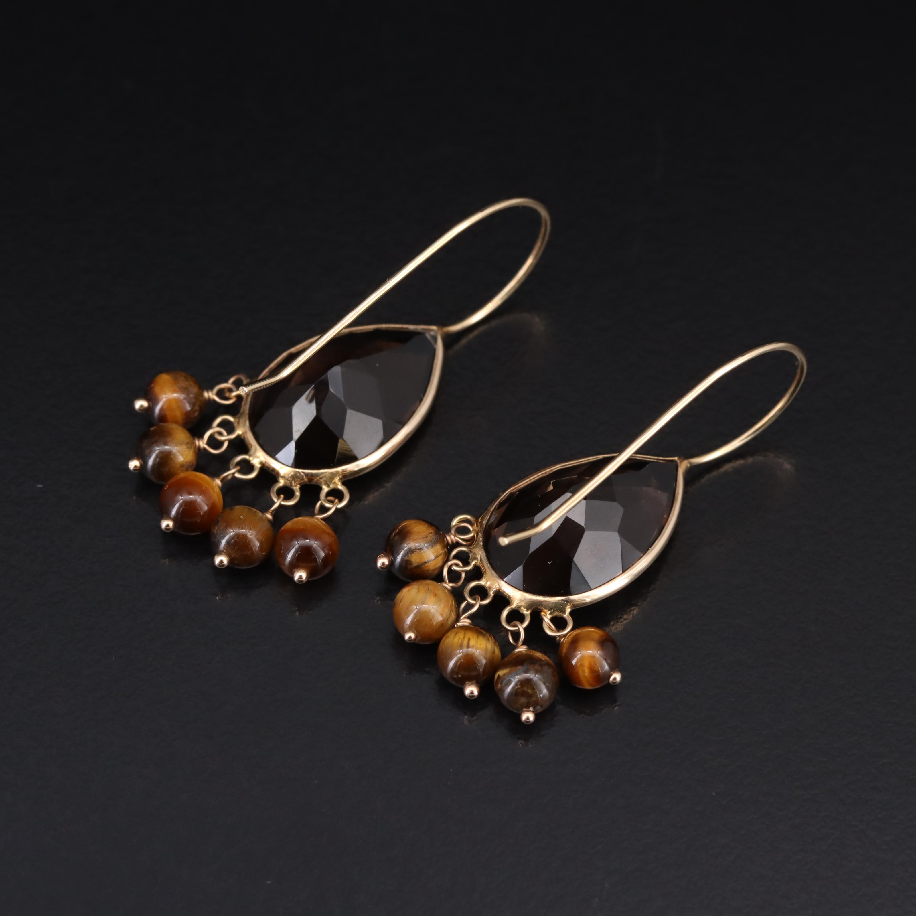 14K Smoky Quartz and Tiger's Eye Fringe Earrings