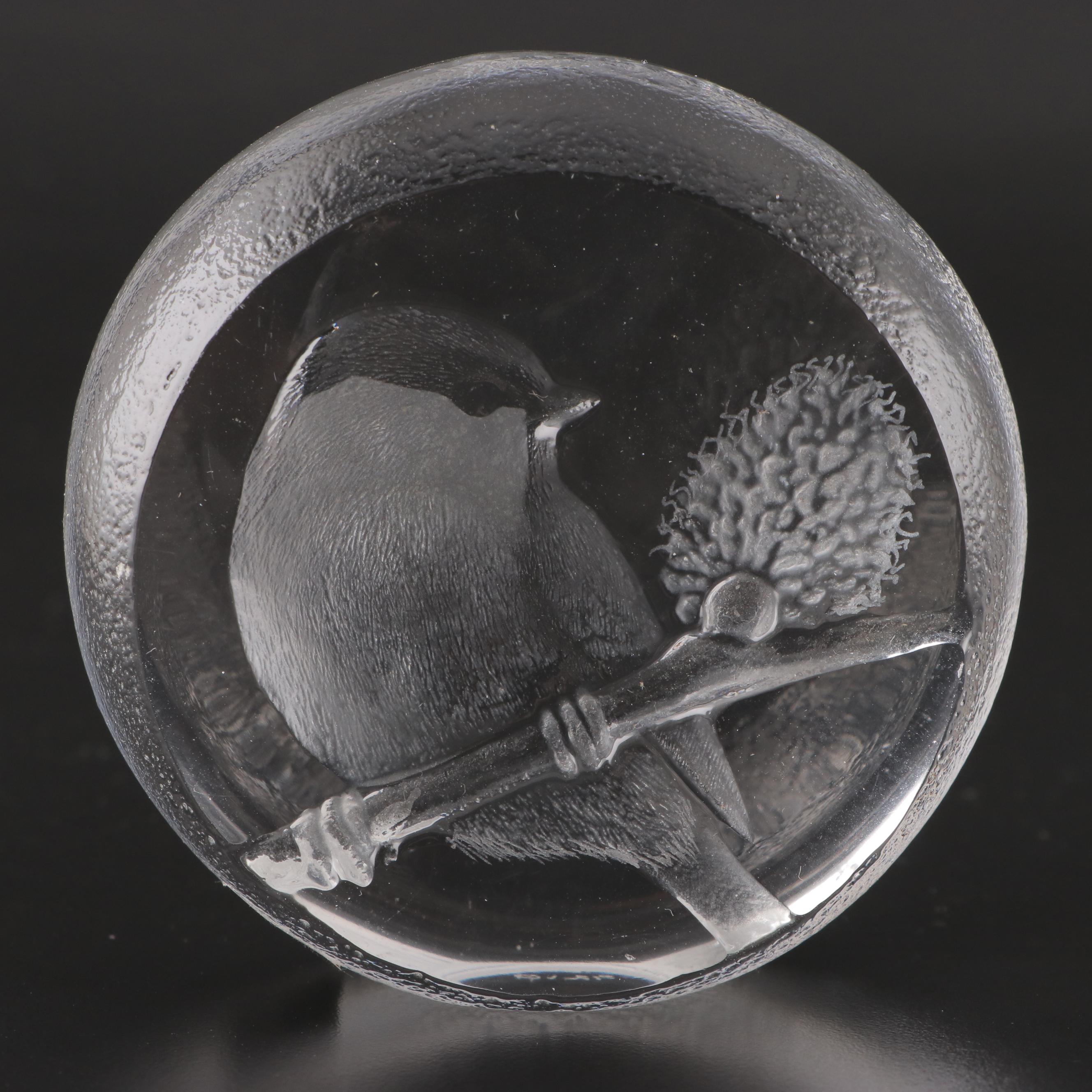 Mats Jonasson Swedish Bird Crystal Paperweight With Other and Taper Holder
