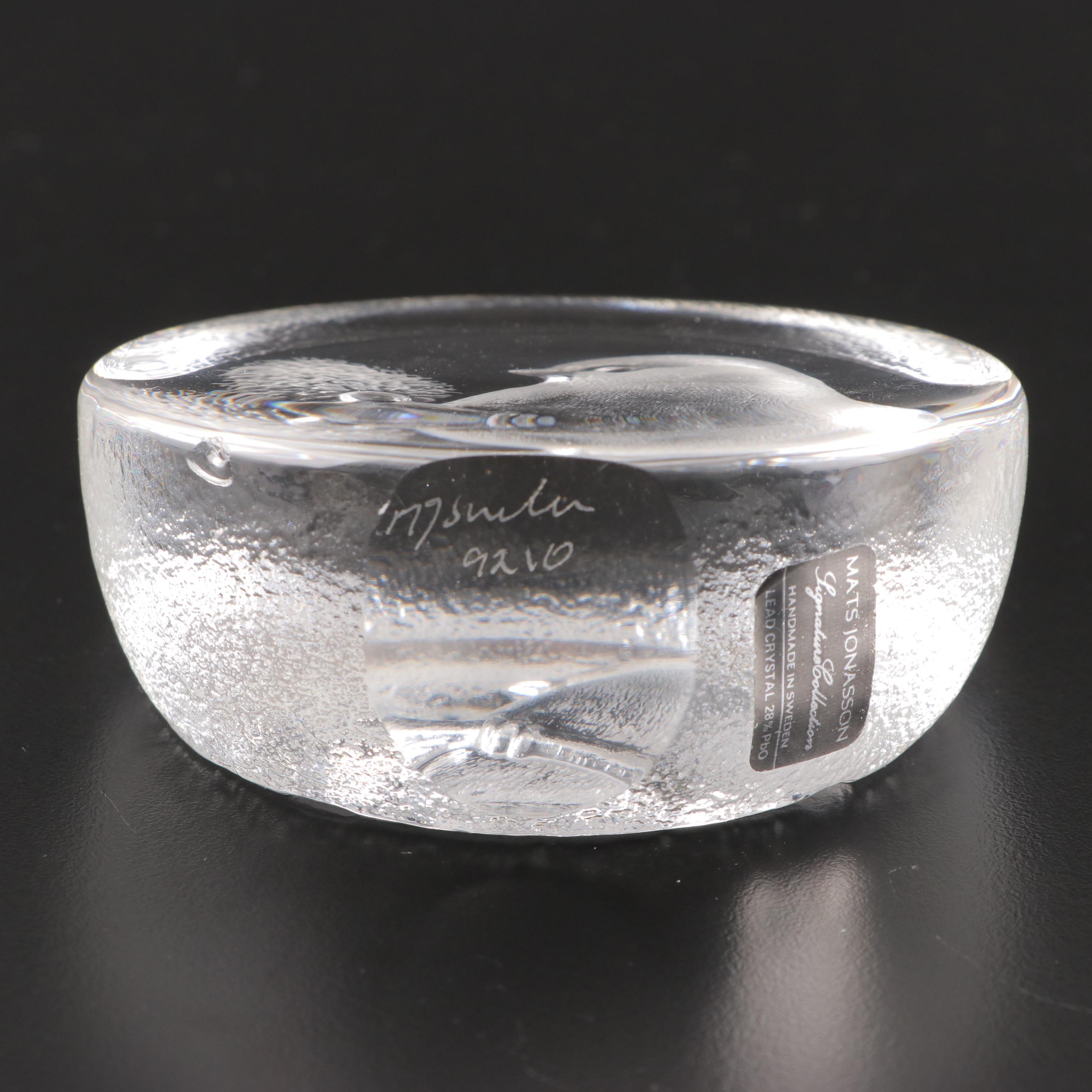 Mats Jonasson Swedish Bird Crystal Paperweight With Other and Taper Holder