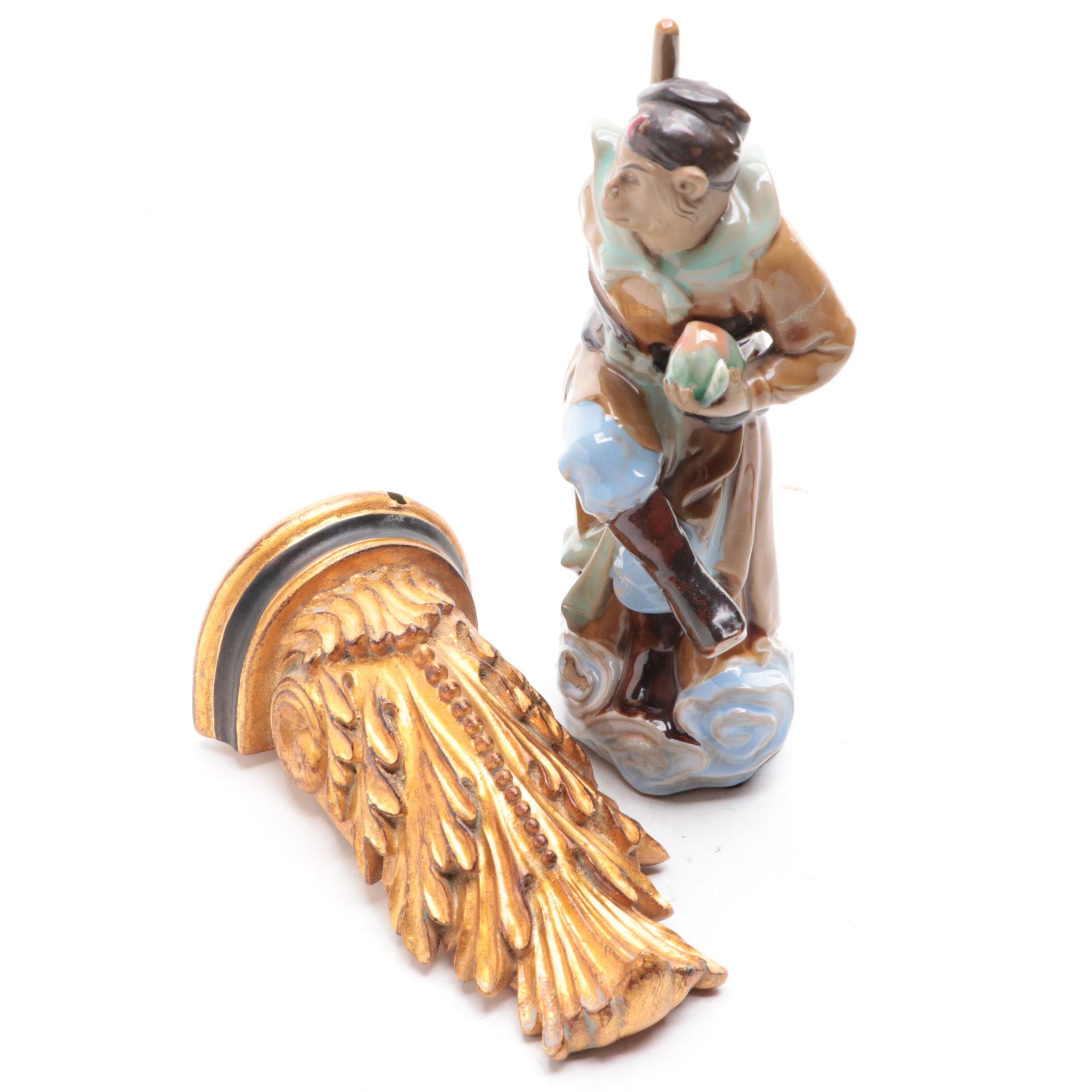 Chinese Shiwan Sun Wukong Figurine with Gilt Plaster Acanthus Wall Shelf
