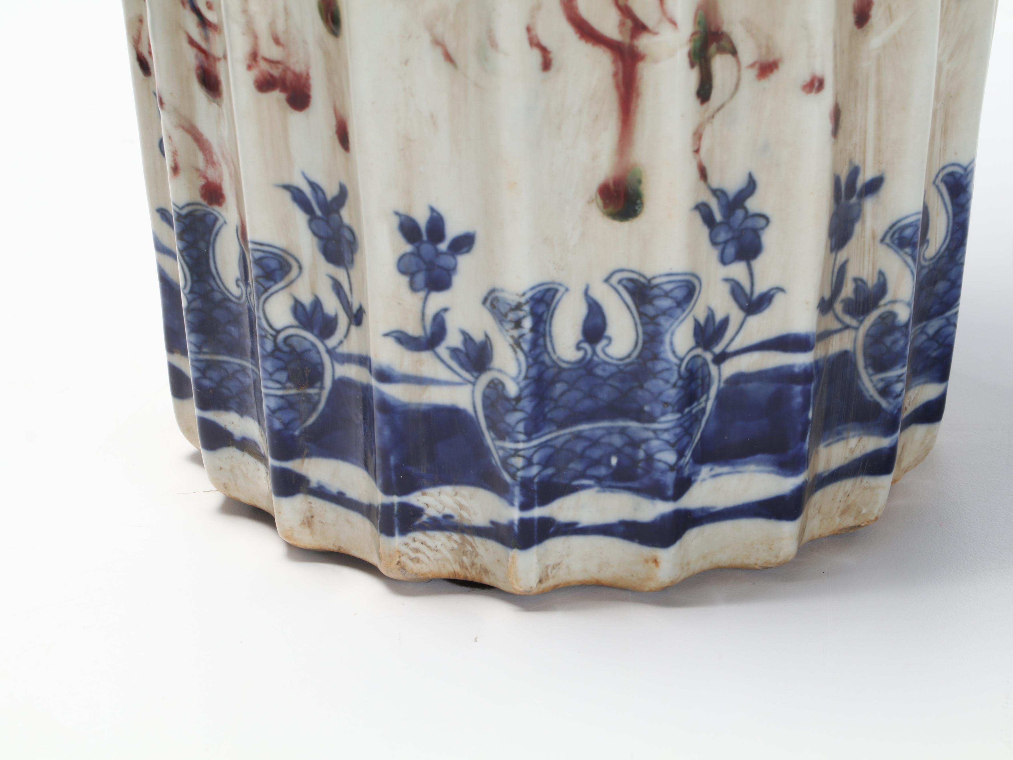 Pair of Chinese Kangxi Style Blue and White Porcelain Guardian Lion Ribbed Jars