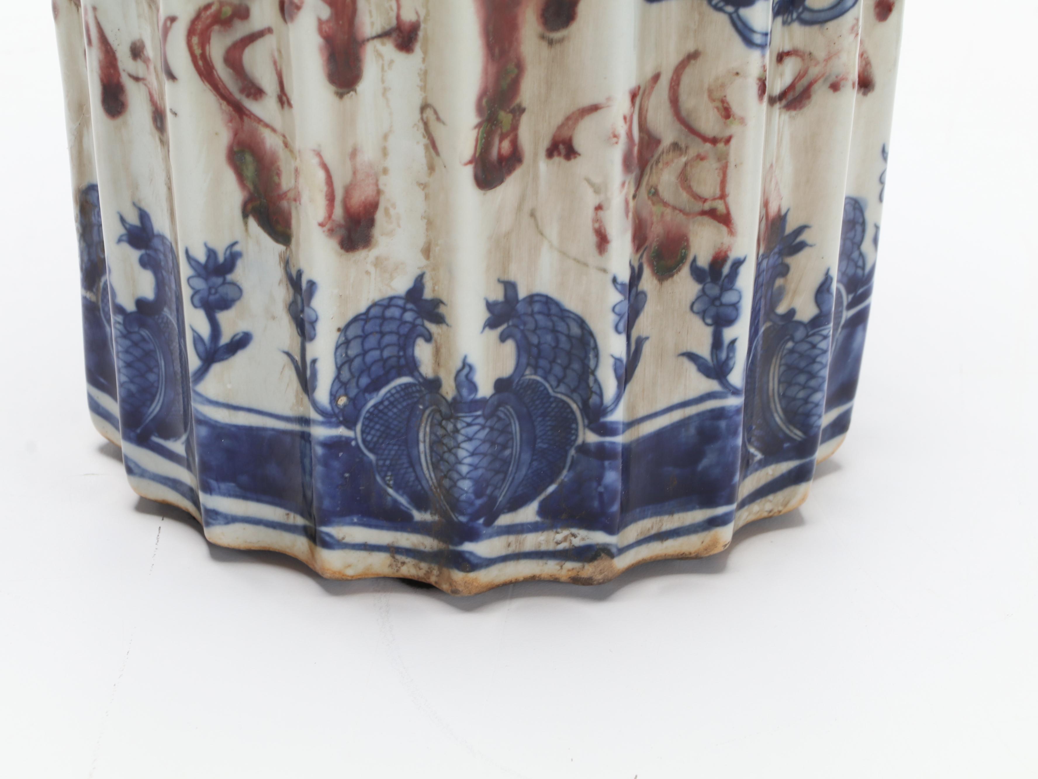 Pair of Chinese Kangxi Style Blue and White Porcelain Guardian Lion Ribbed Jars