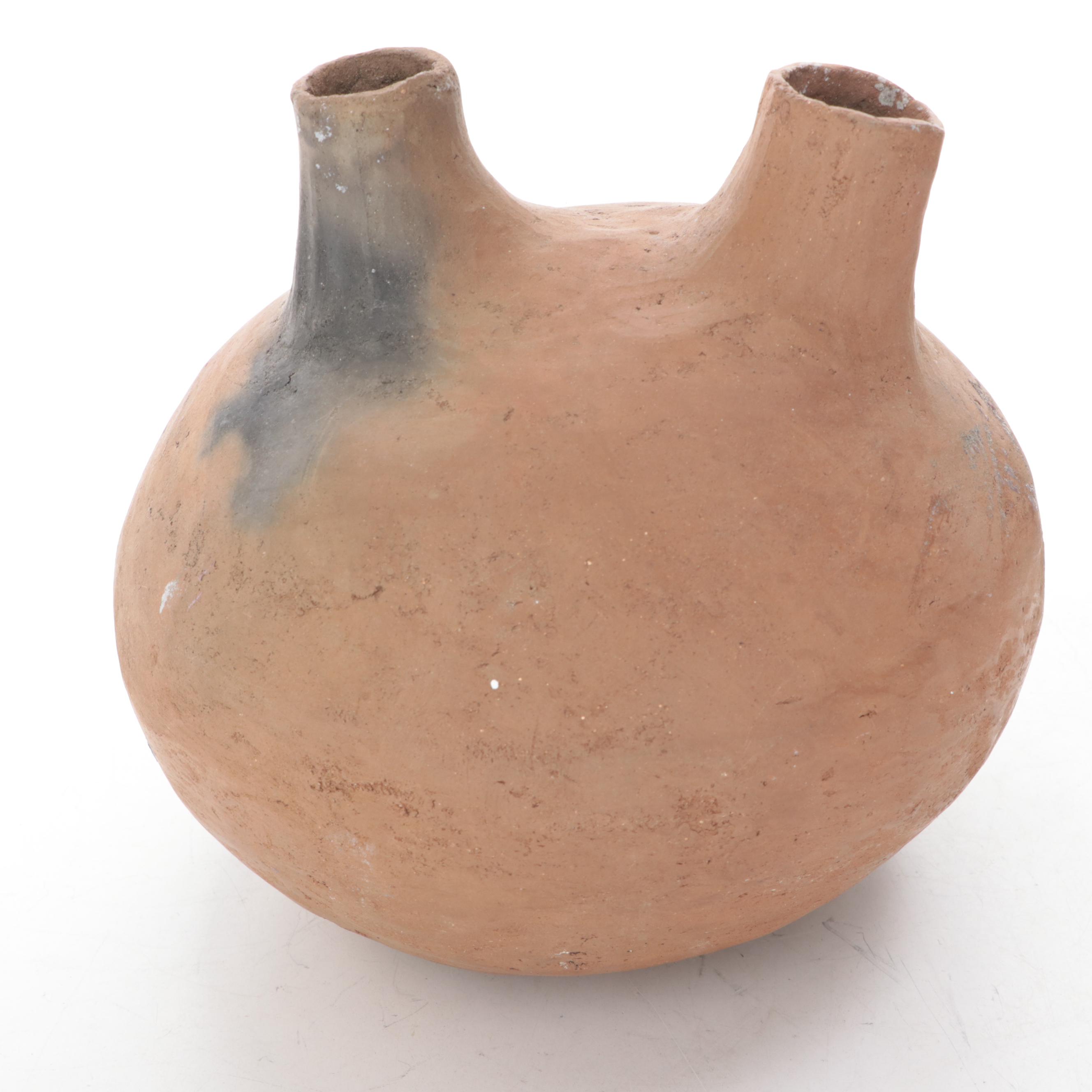 Double Spouted Earthenware Wedding Vase and Polychrome Carved Handled Bowl