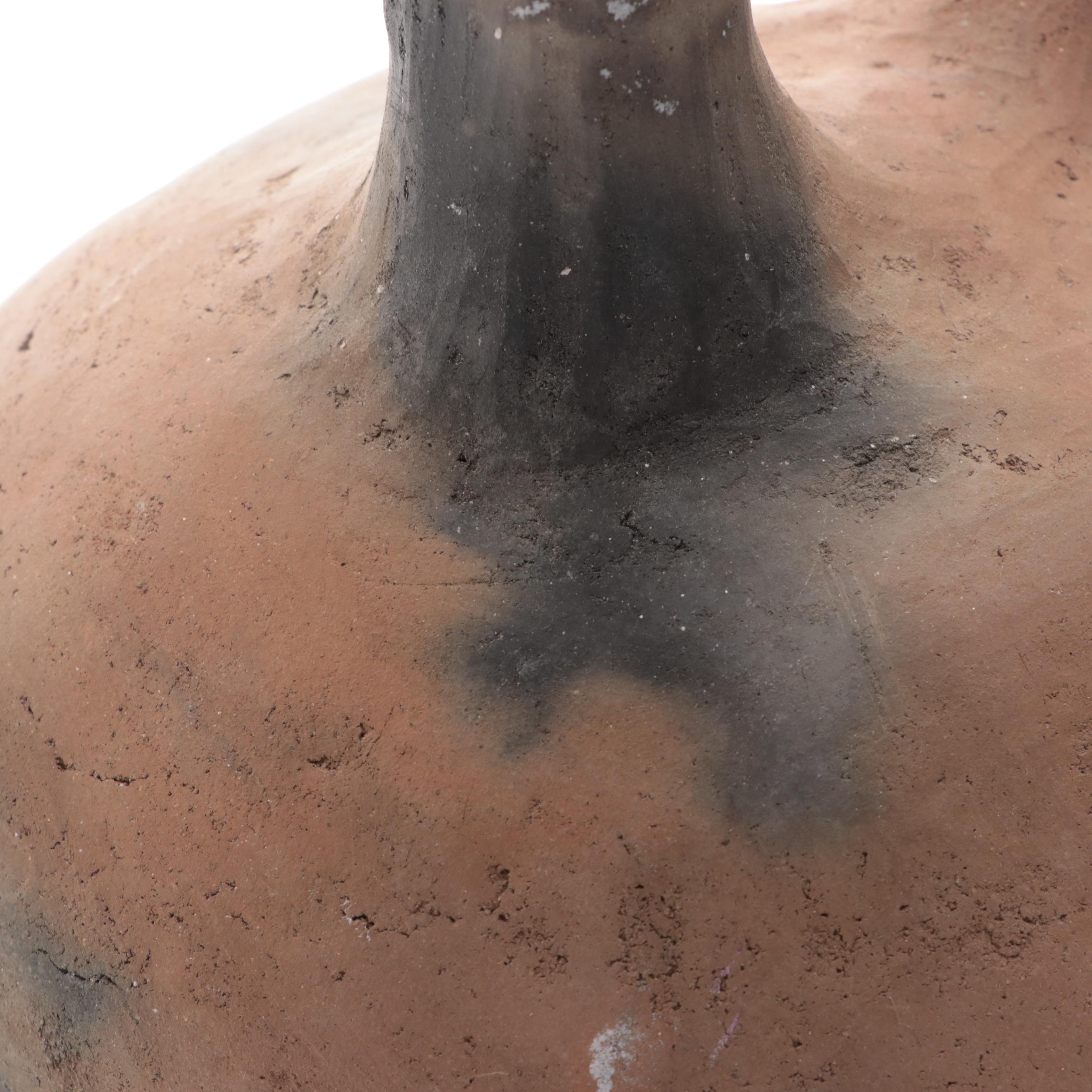 Double Spouted Earthenware Wedding Vase and Polychrome Carved Handled Bowl