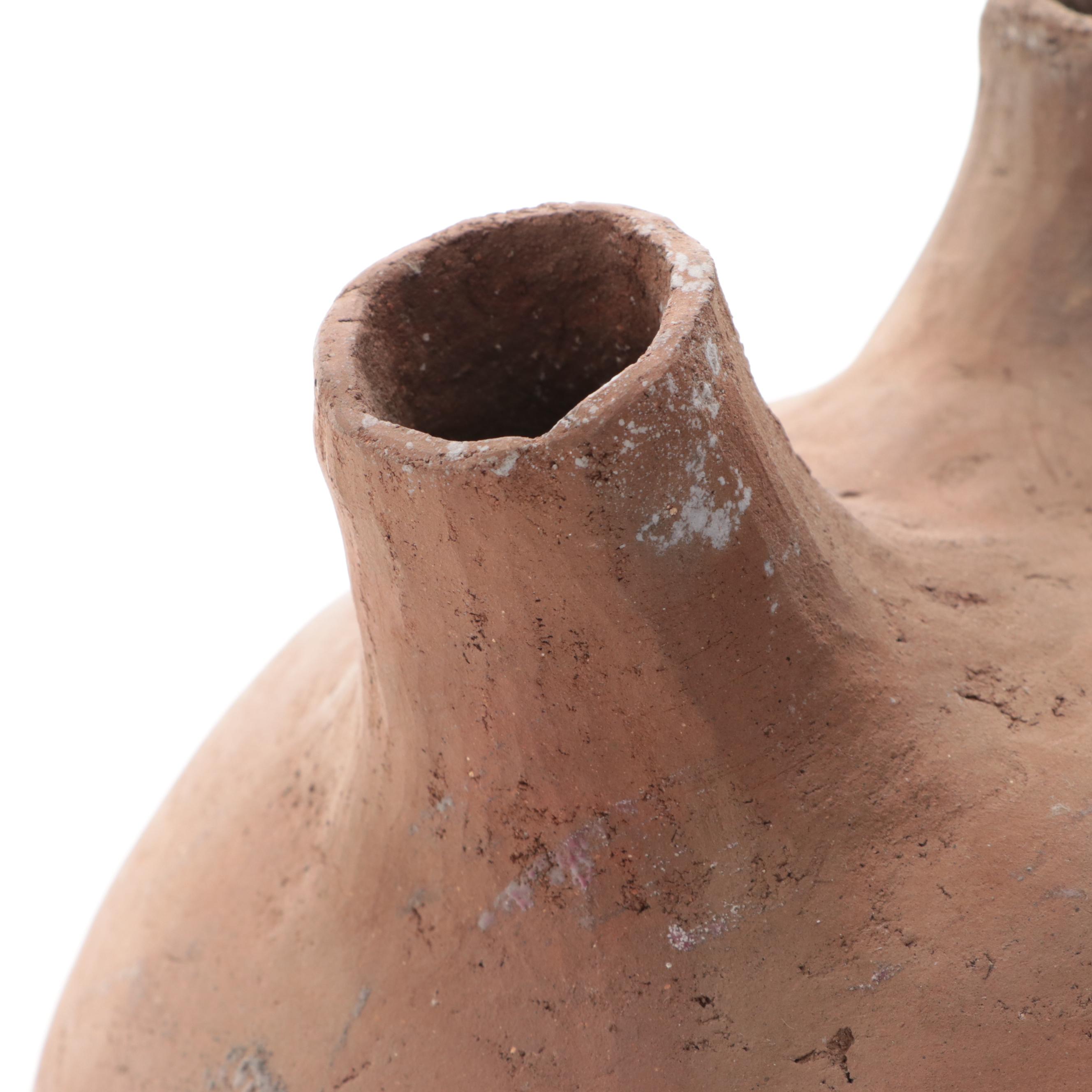 Double Spouted Earthenware Wedding Vase and Polychrome Carved Handled Bowl