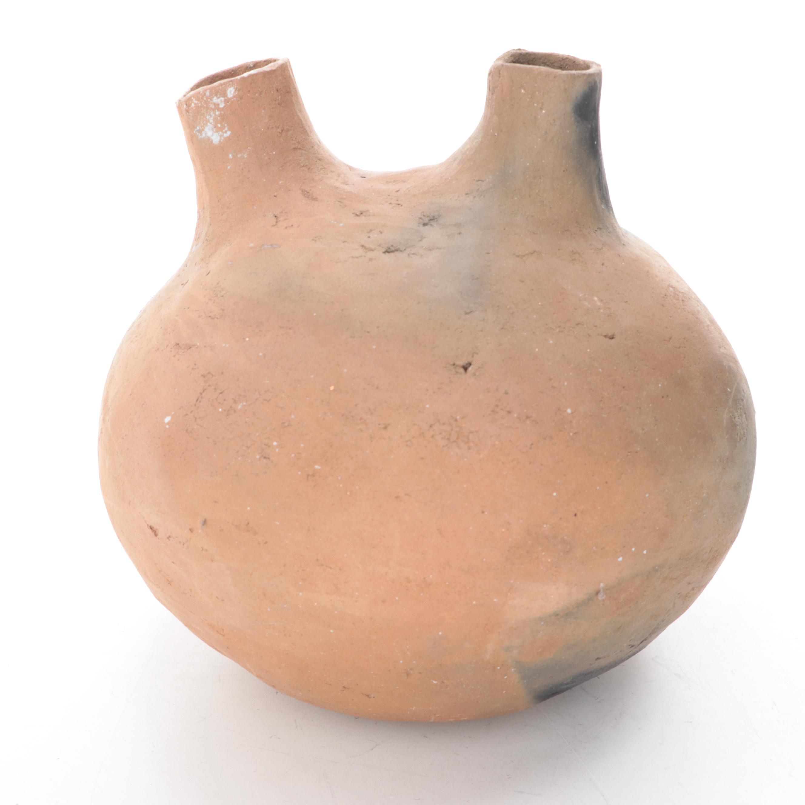 Double Spouted Earthenware Wedding Vase and Polychrome Carved Handled Bowl