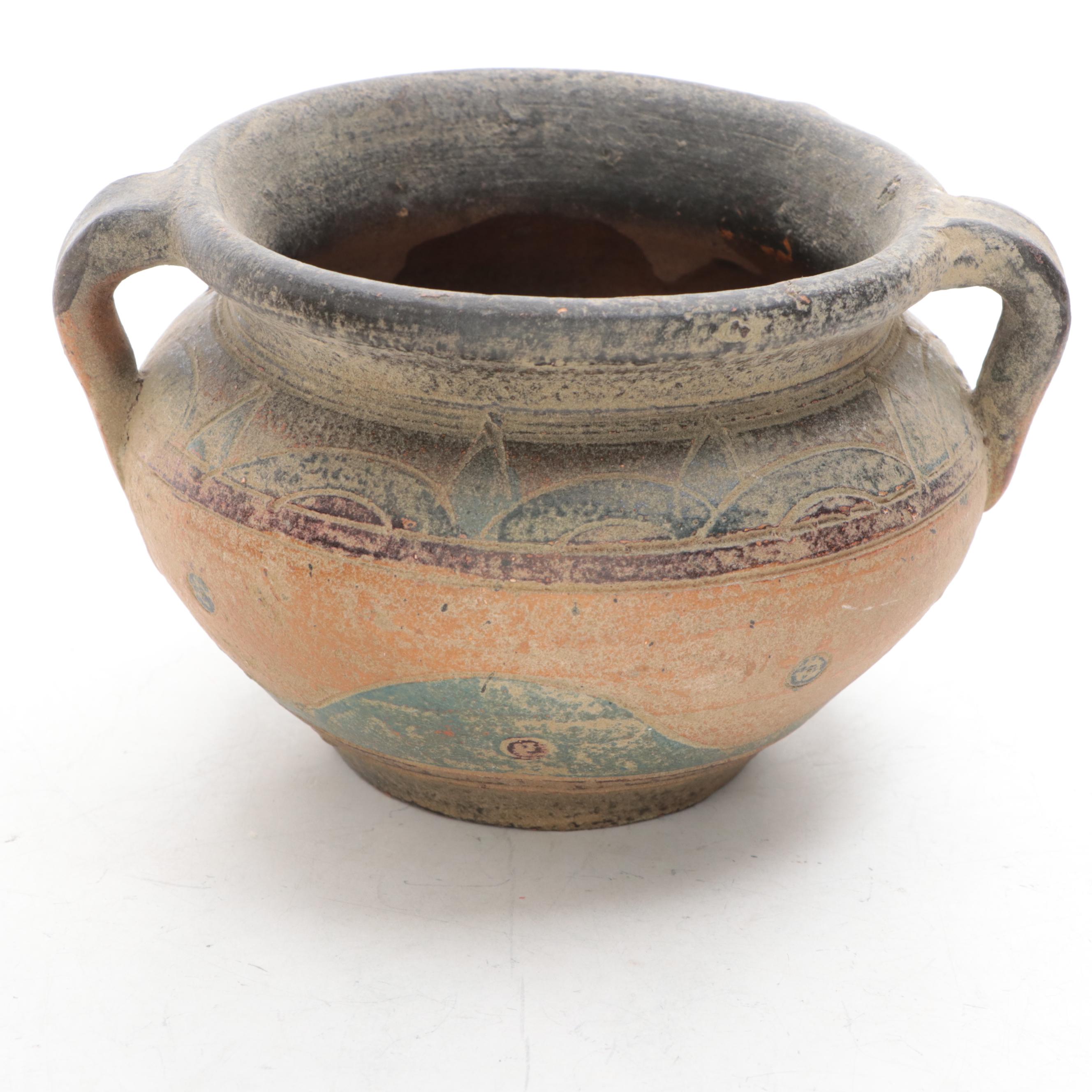 Double Spouted Earthenware Wedding Vase and Polychrome Carved Handled Bowl