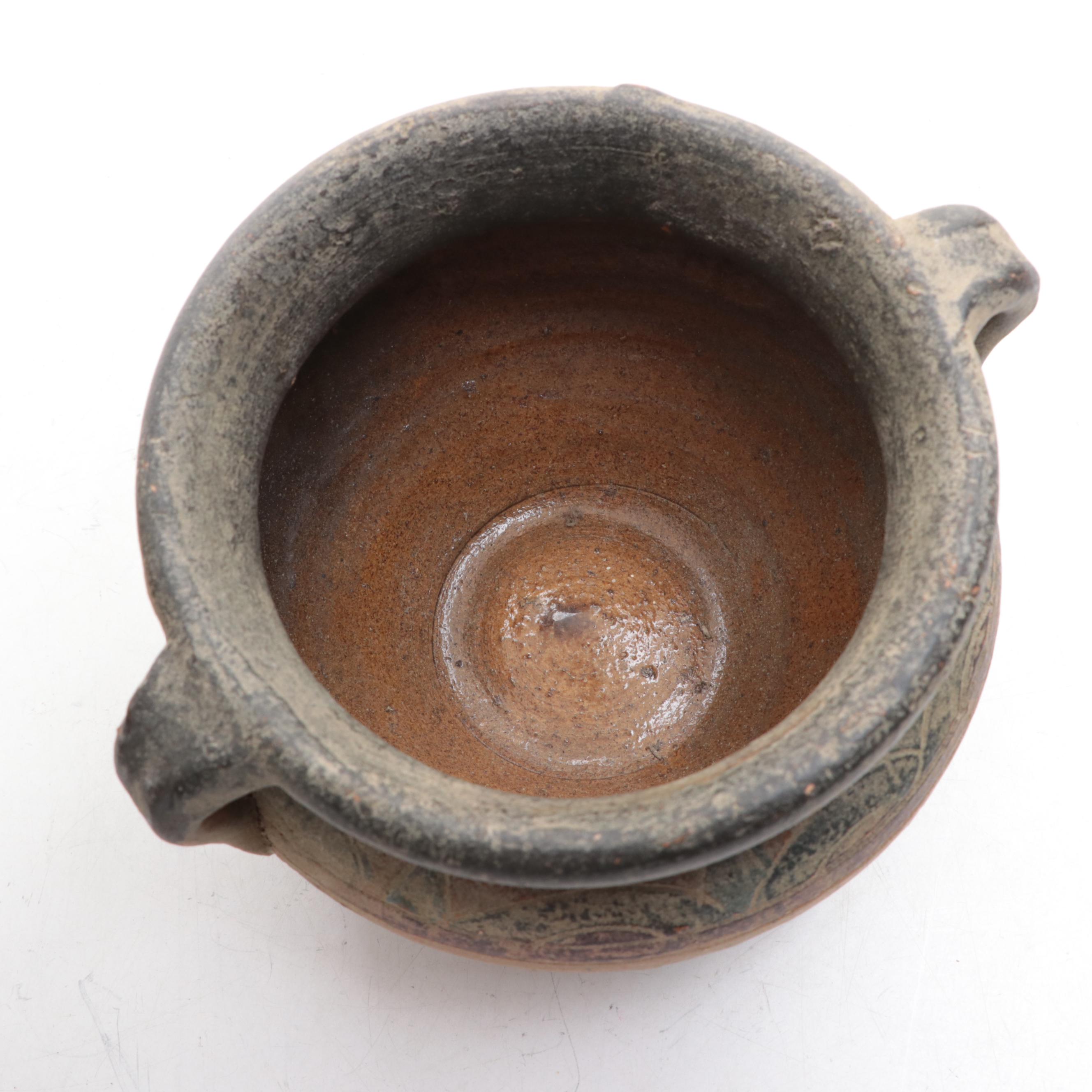 Double Spouted Earthenware Wedding Vase and Polychrome Carved Handled Bowl