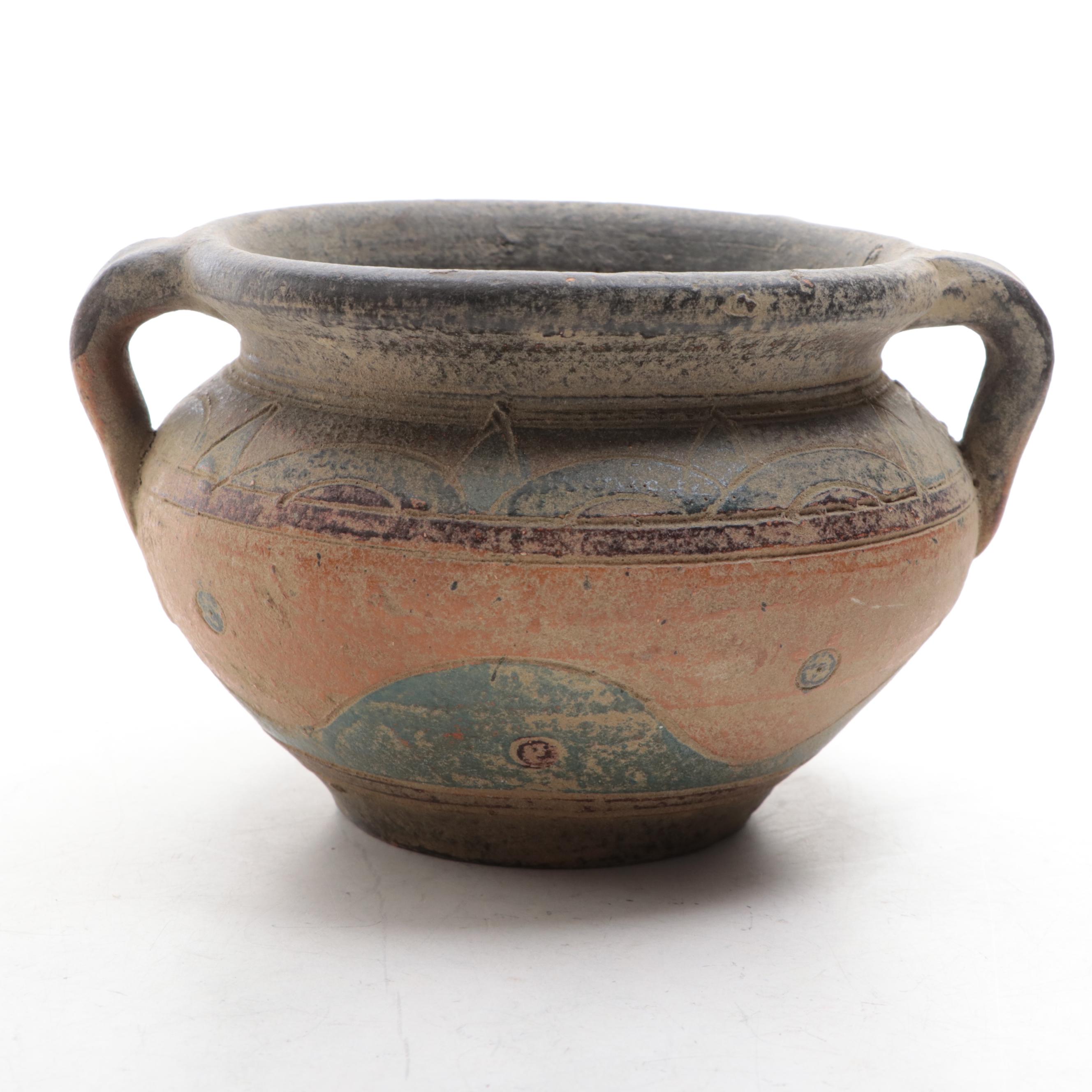 Double Spouted Earthenware Wedding Vase and Polychrome Carved Handled Bowl