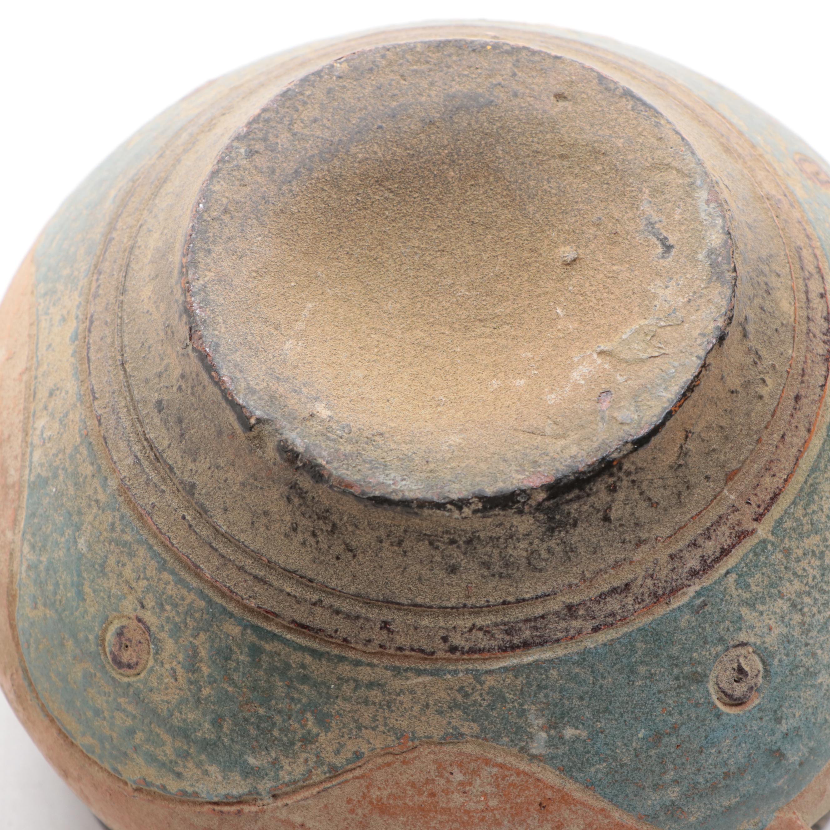 Double Spouted Earthenware Wedding Vase and Polychrome Carved Handled Bowl