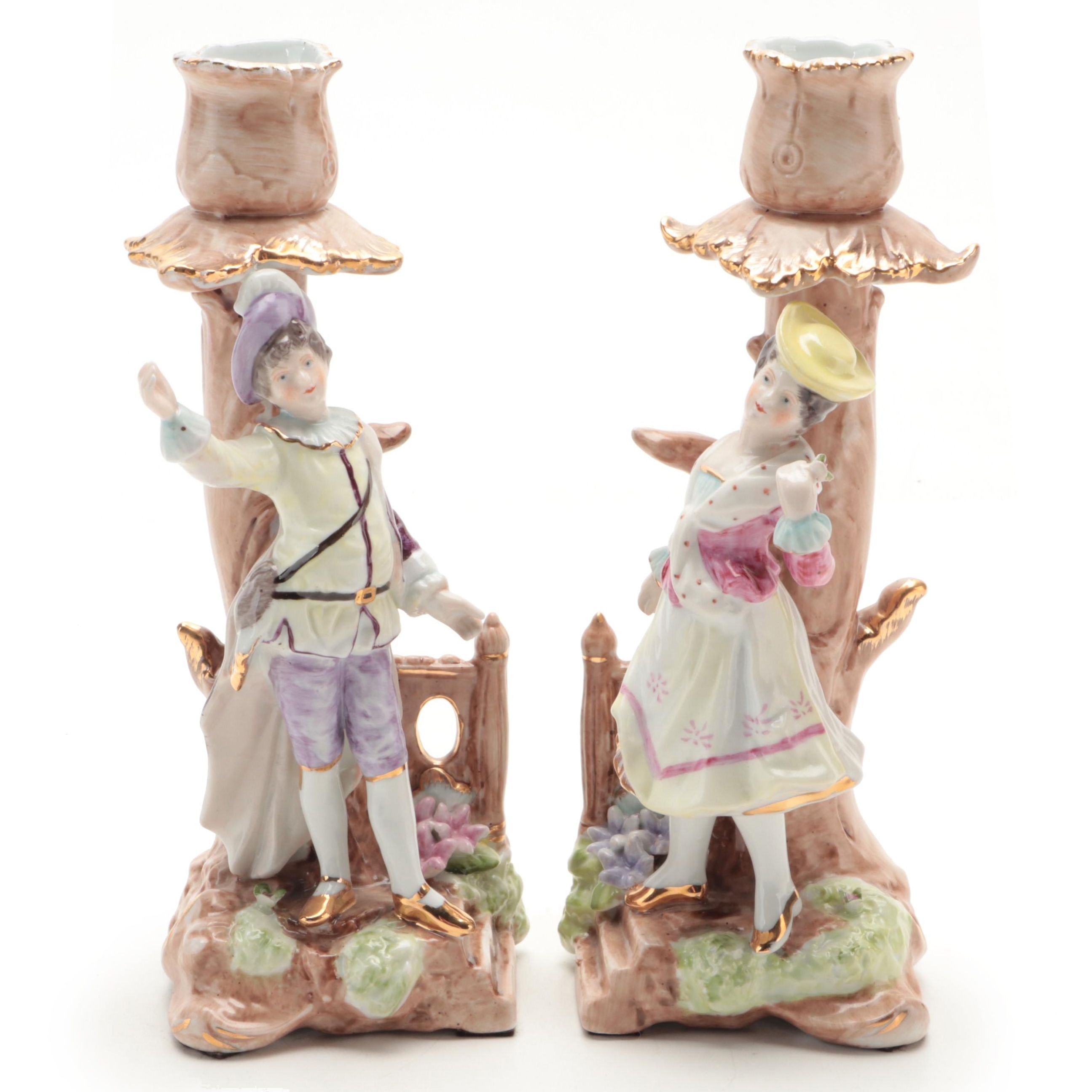 Dresden Style Porcelain Figural Candlesticks
