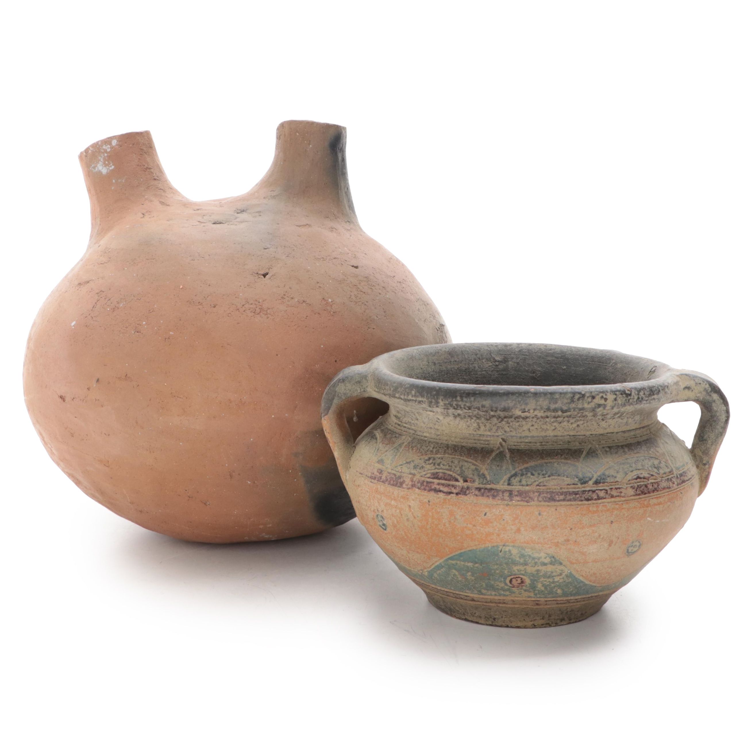 Double Spouted Earthenware Wedding Vase and Polychrome Carved Handled Bowl