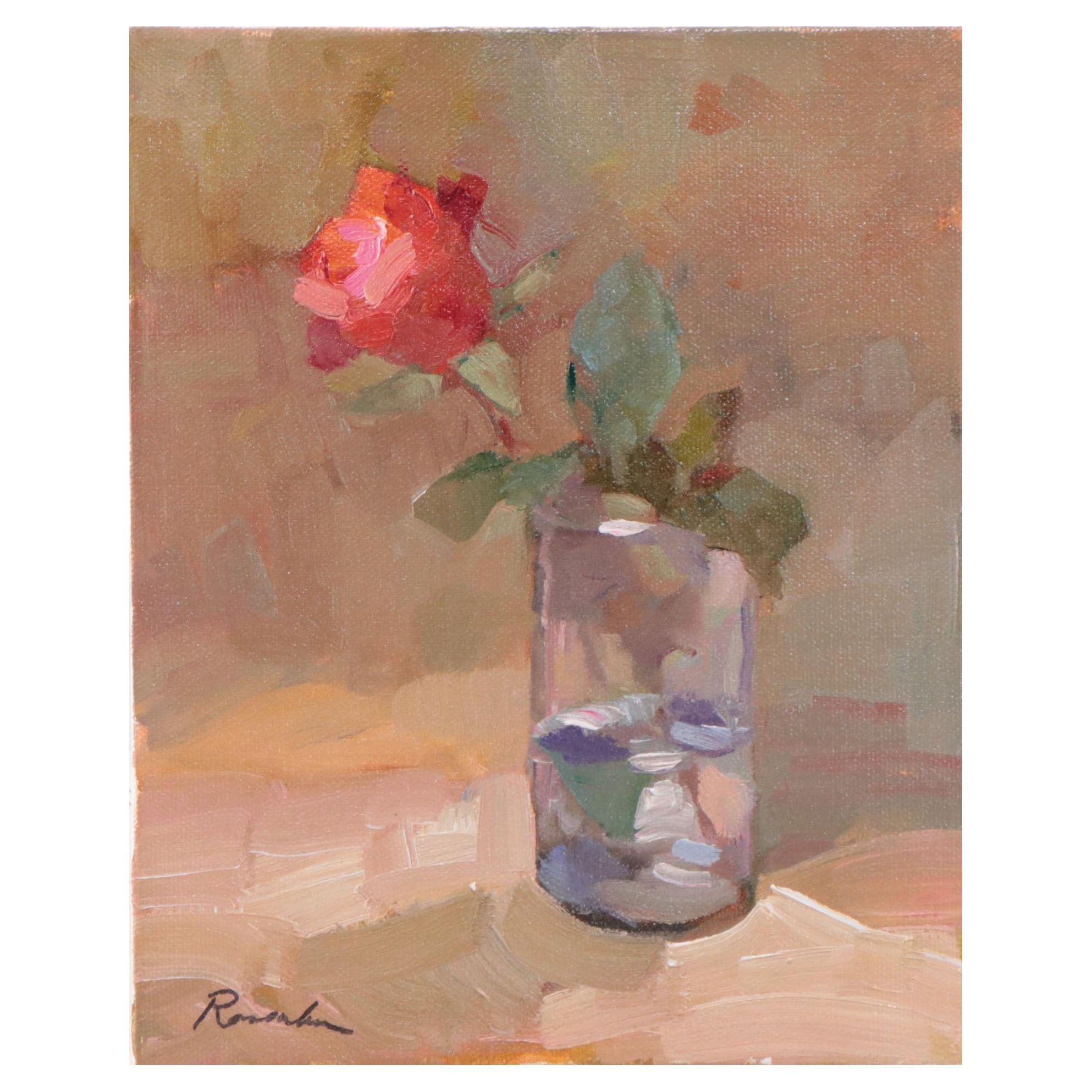 Sally Rosenbaum Still Life Oil Painting of Rose, 21st Century