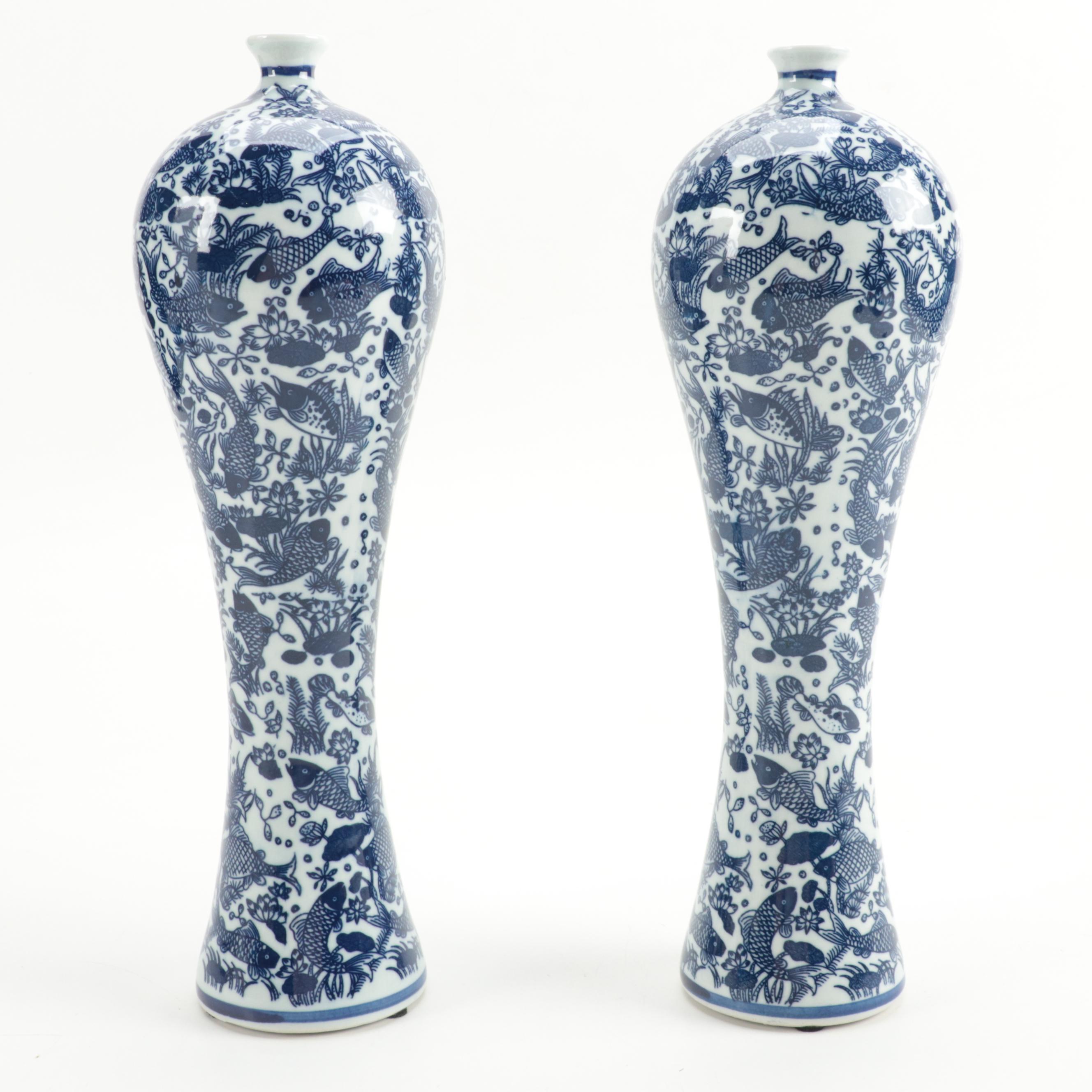 Pair of Asian Blue and White Porcelain Mei Ping Baluster Vases