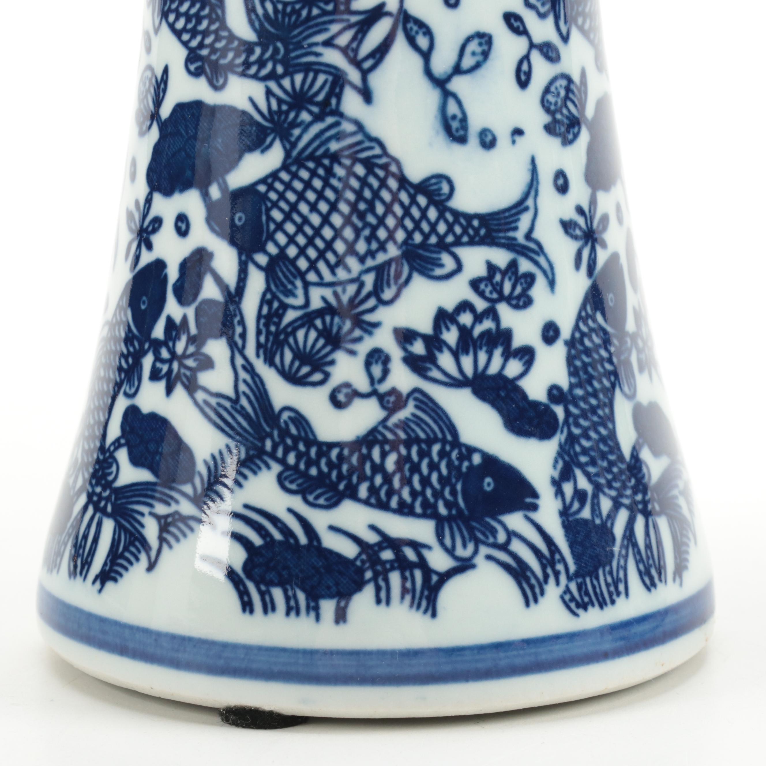 Pair of Asian Blue and White Porcelain Mei Ping Baluster Vases