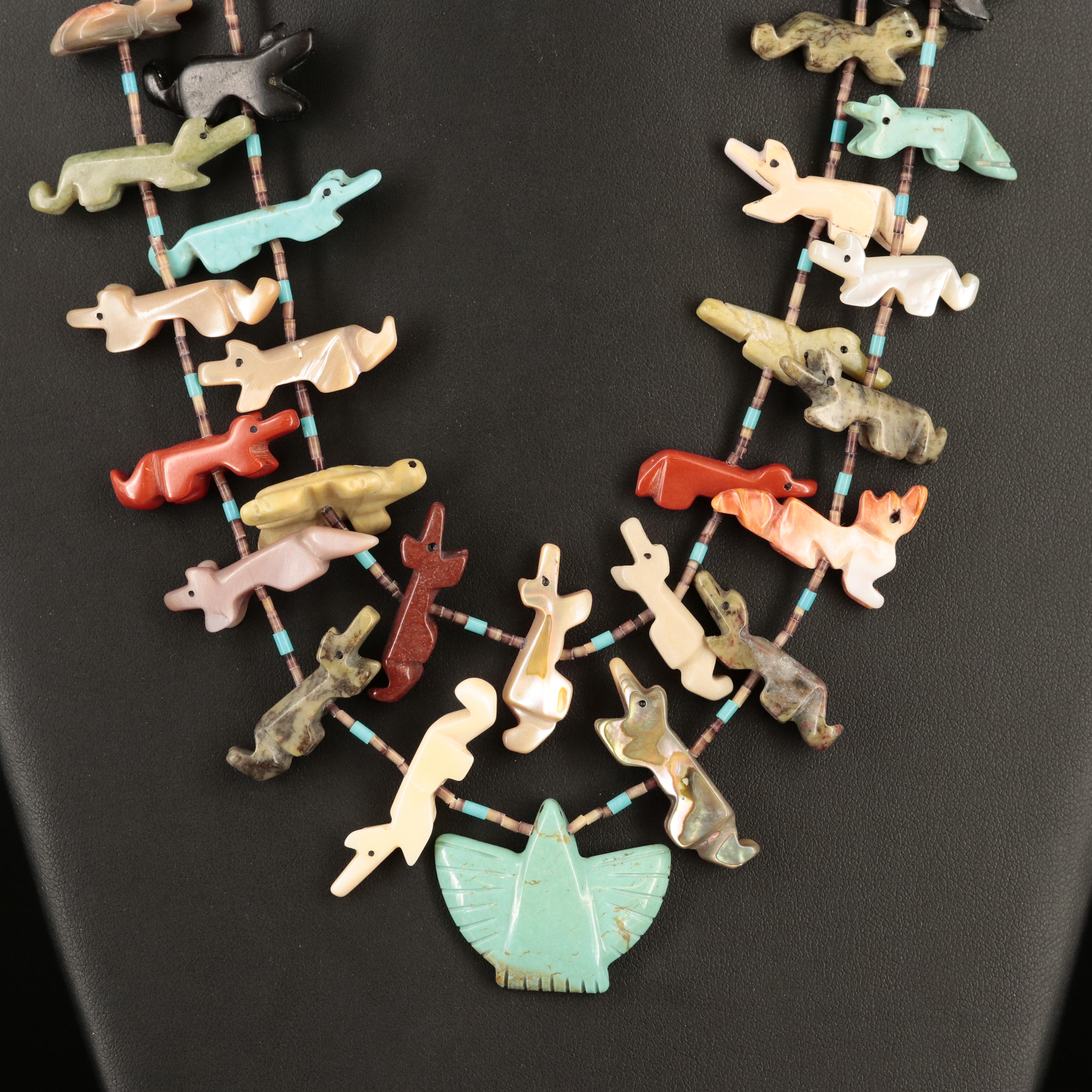 Zuni Turquoise and Gemstone Double Strand Fetish Necklace