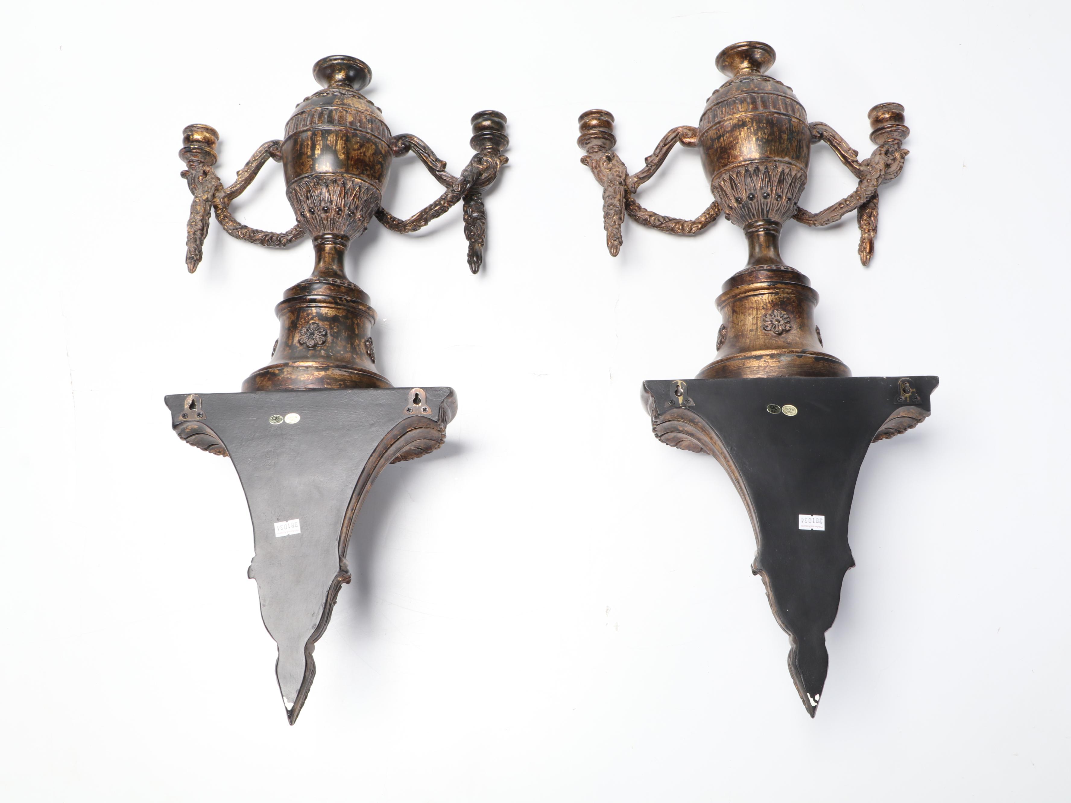 Pair of Neoclassical Style Patinated Composite Urn and Laurel Candle Sconces