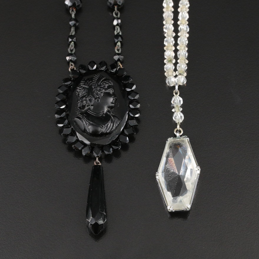 Victorian French Jet Mourning Necklace and Art Deco Crystal Lavalier